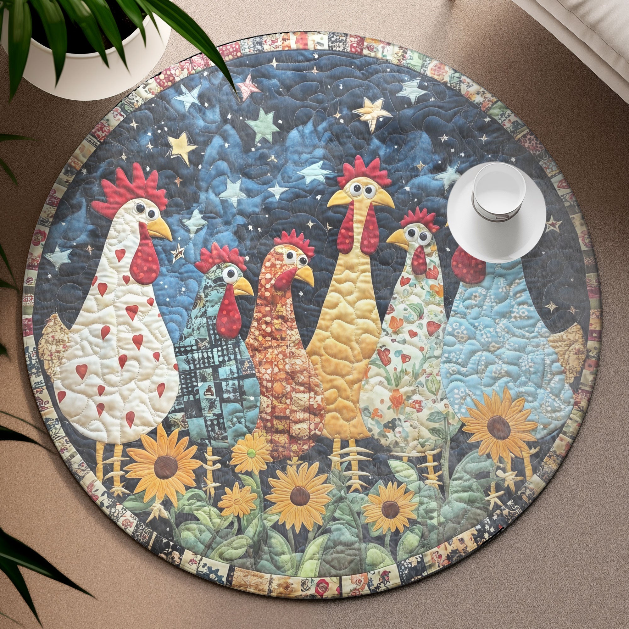 Farmyard Flair Quilted Round Mat, Living Room Decor, Unique Christmas Home Decor