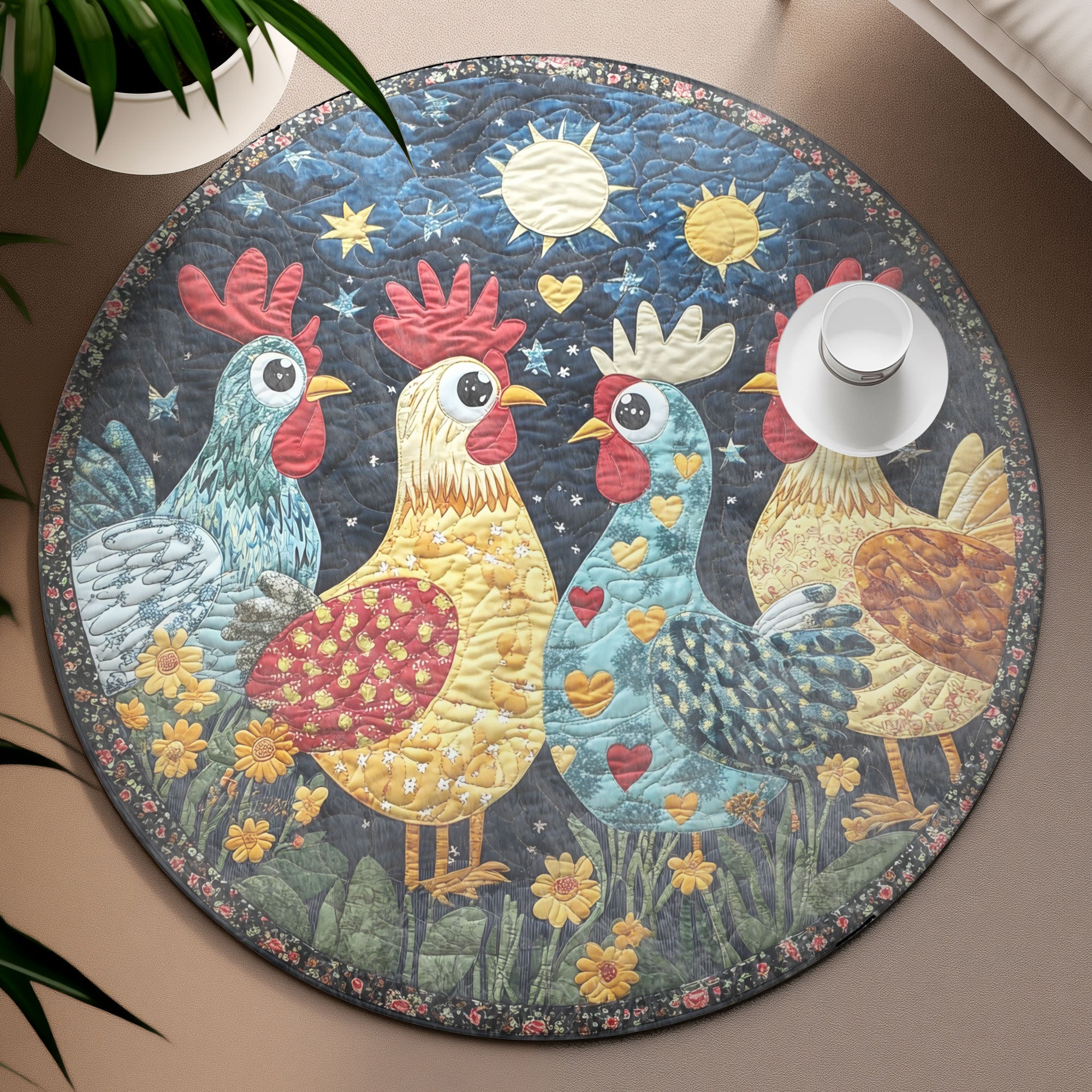 Chicken Charm Quilted Round Mat, Living Room Decor, Unique Christmas Home Decor