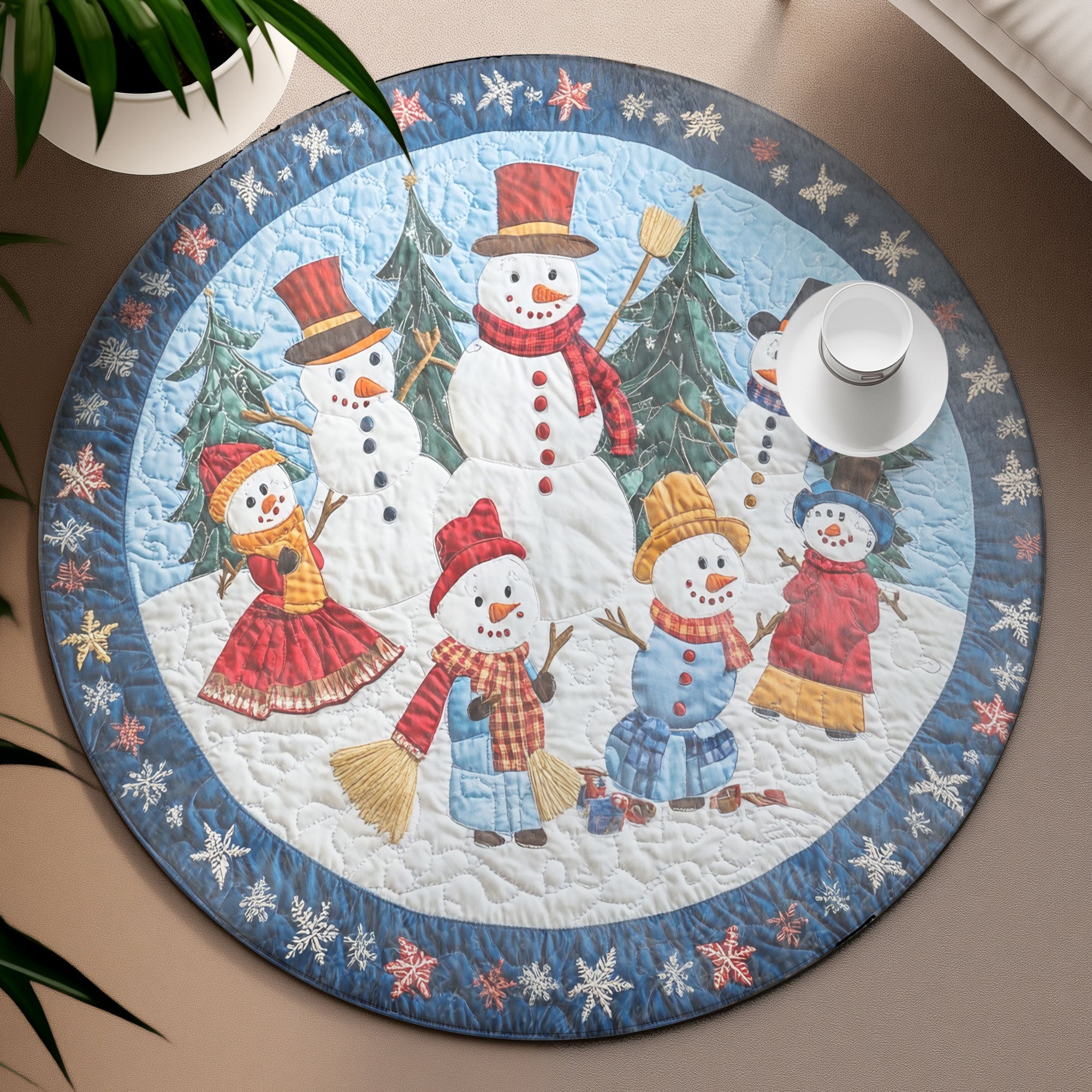 Reindeer Sleigh Ride Quilted Round Mat, Living Room Decor, Unique Christmas Home Decor