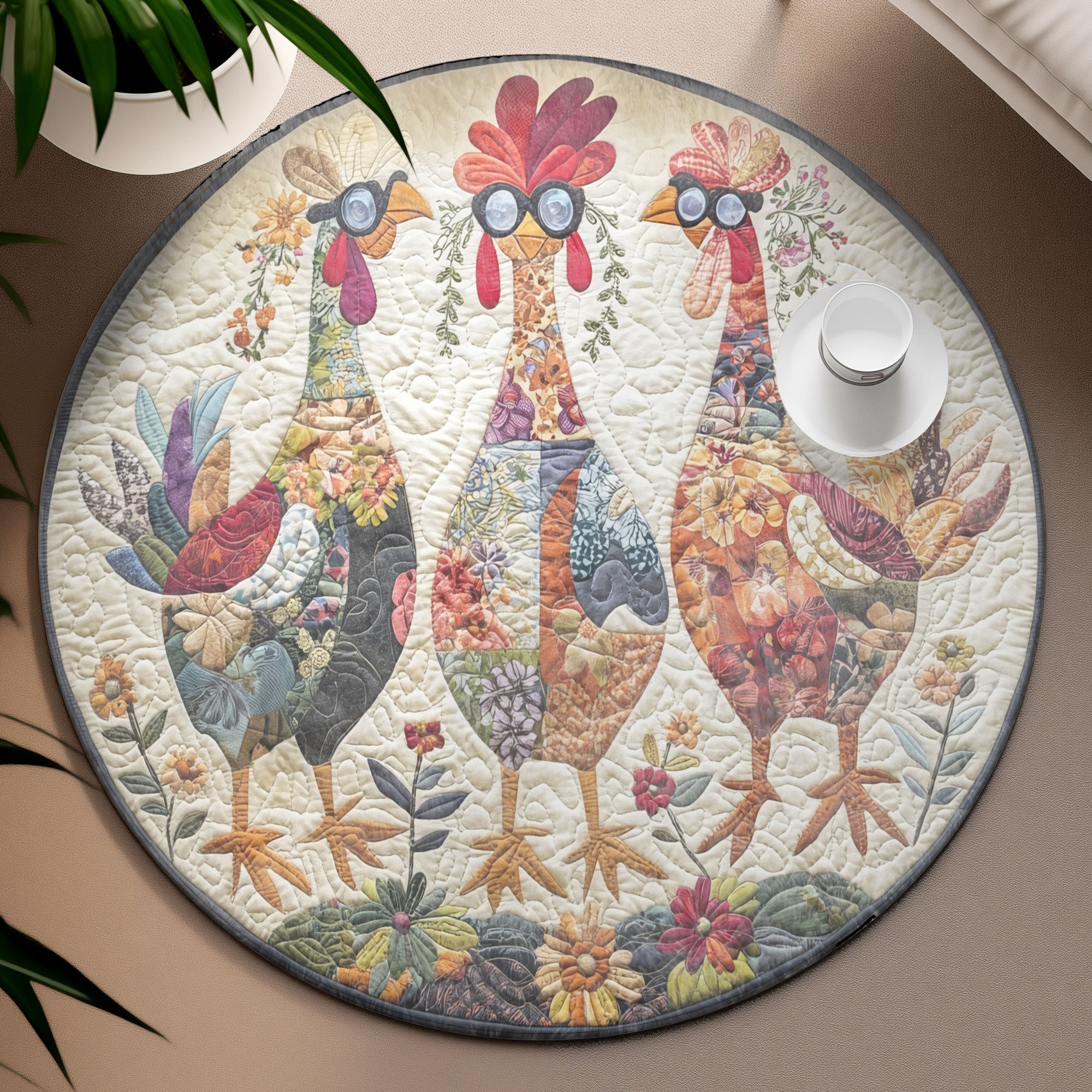 Poultry Parade Round Mat, Living Room Decor, Christmas Rug