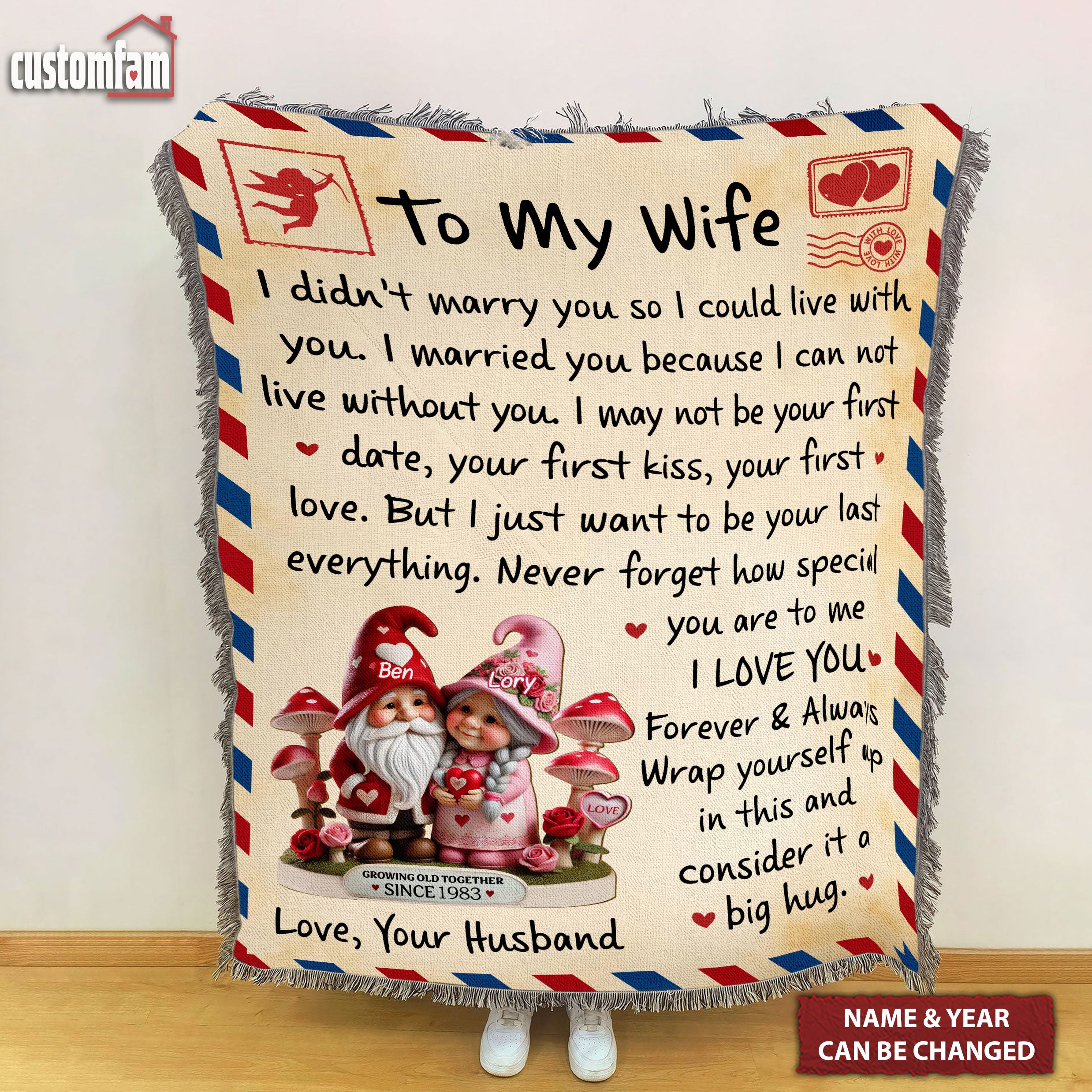 To My Wife Gnome Mushroom Old Couple Personalized Blanket, Anniversary Gifts, Couple Valentine Gift