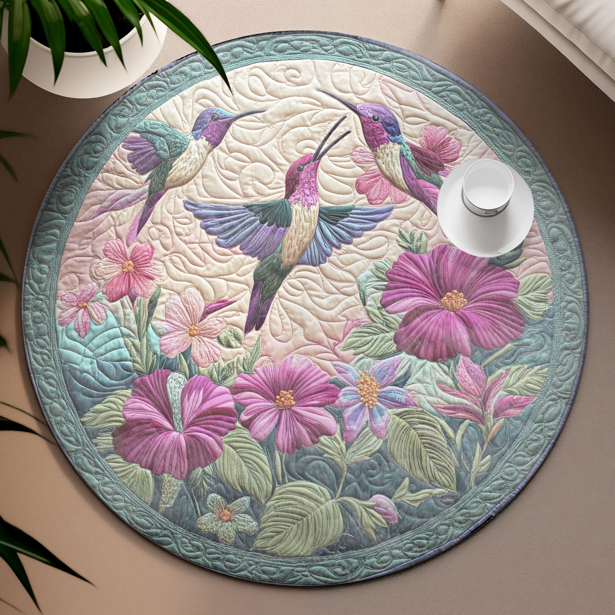 Hummingbirtd Song Quilted Round Mat, Living Room Decor, Unique Christmas Home Decor