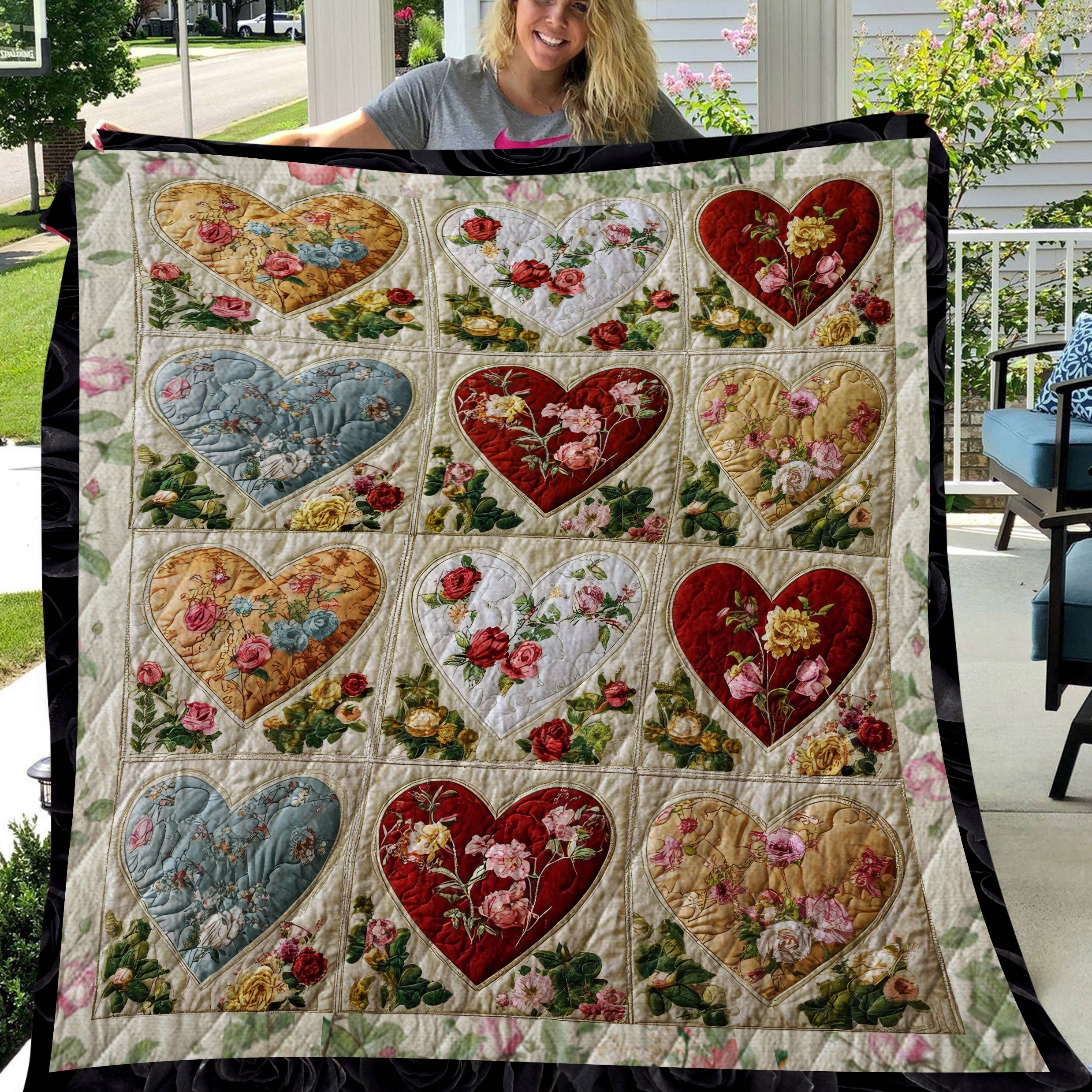 Patchwork Hearts Floral Blanket, Mom Blanket, Mother's Day Gifts