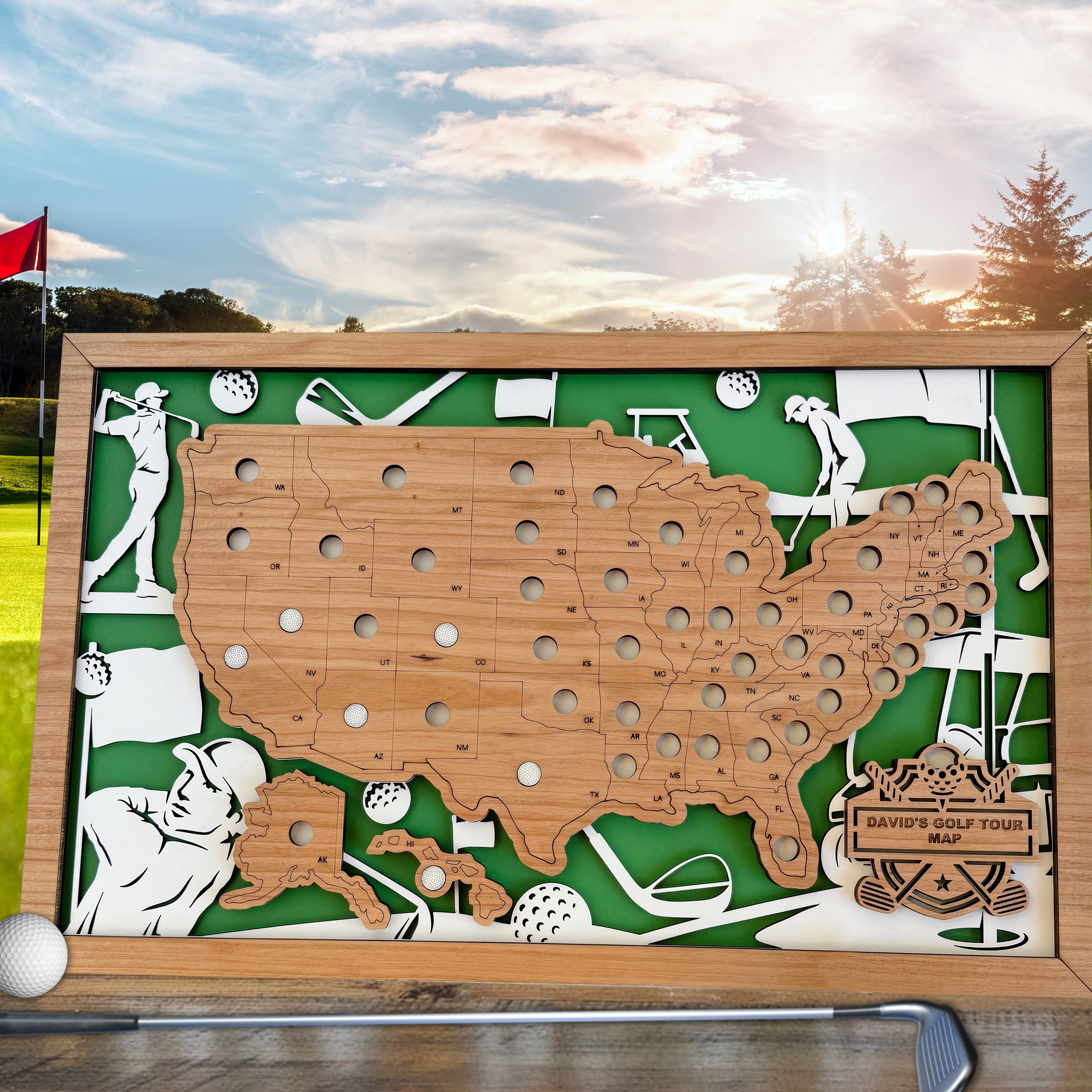 USA Golf Course Travel Maps, Golf Course Maps With Pin, Golf Wooden Travel Map, Gift For Golfer