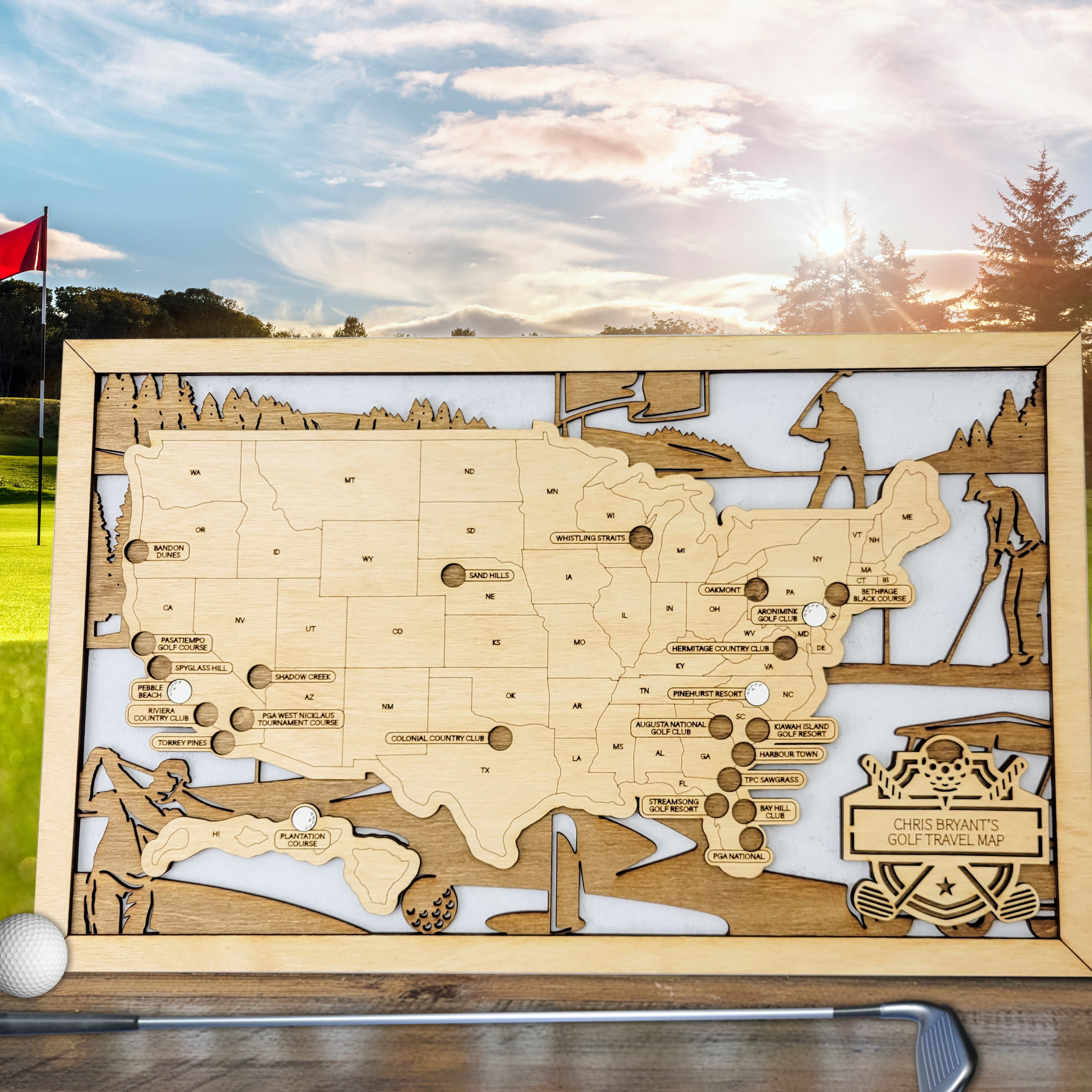 Golf Course Wooden Travel Maps, Golf Map USA With Pin, Gift For Golfer