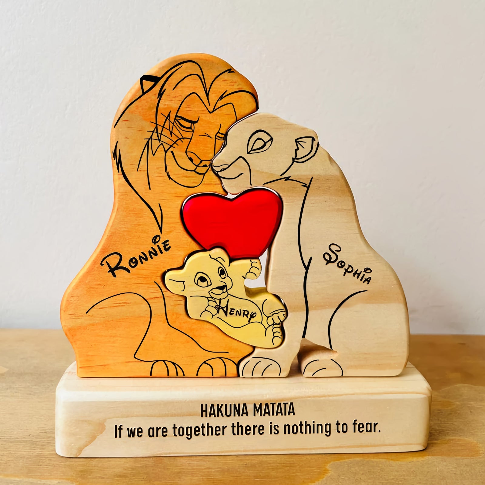 Custom Engraved Wooden Lion Family With 1 Kid Christmas Puzzle, Family Puzzle, Family Gift Idea