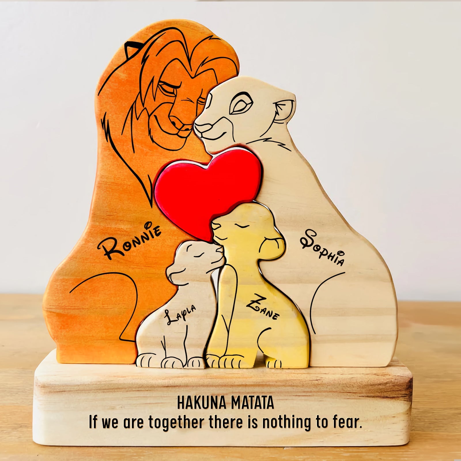 Custom Engraved Wooden Lion Family With 2 Kids Christmas Puzzle, Family Puzzle, Family Gift Idea