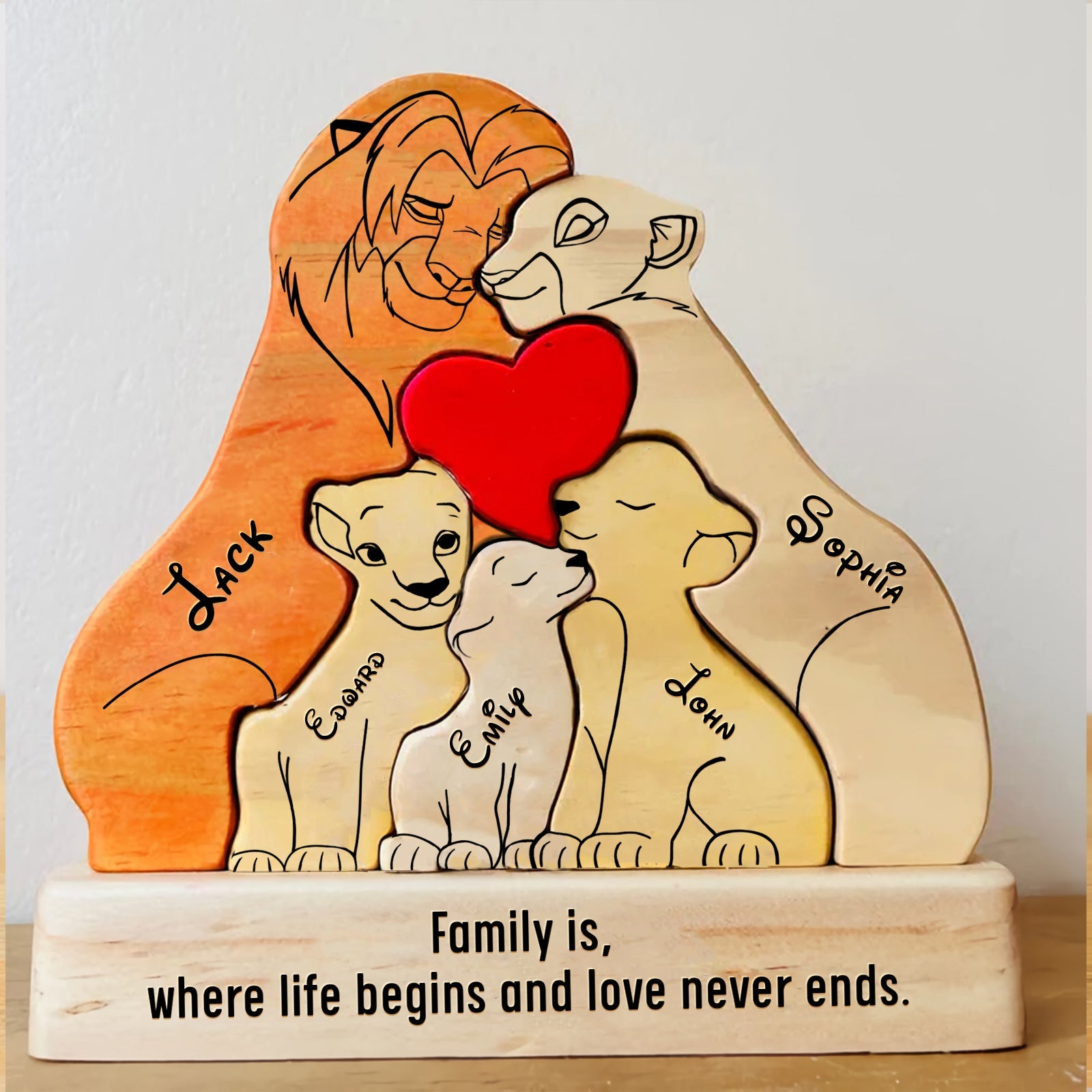 Custom Engraved Wooden Lion Family With 3 Kids Christmas Puzzle, Family Puzzle, Family Gift Idea