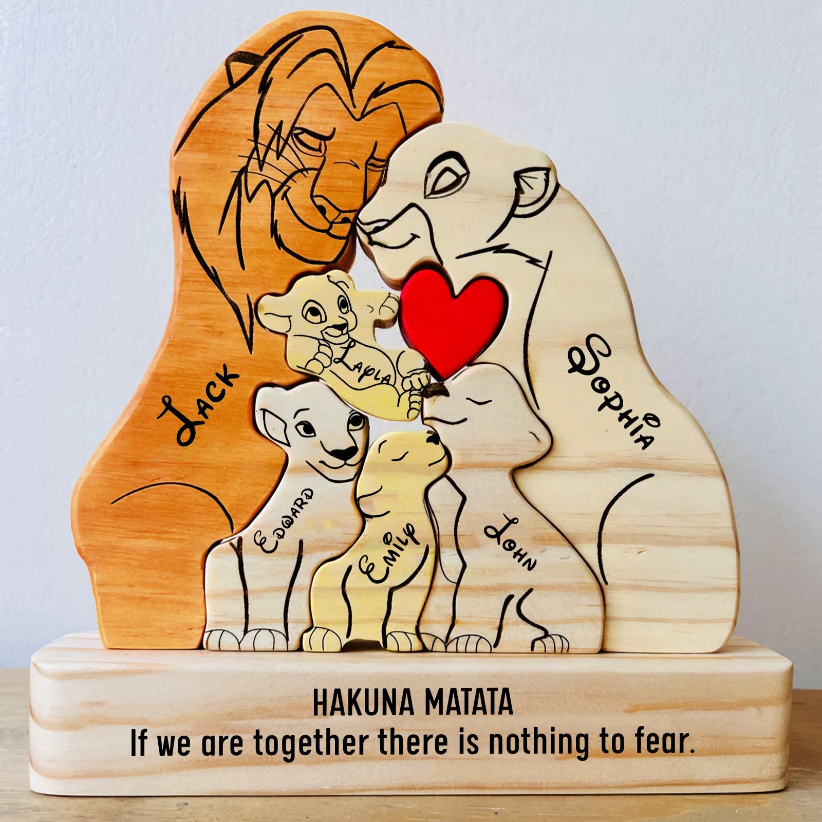 Custom Engraved Wooden Lion Family With 4 Kids Christmas Puzzle, Family Puzzle, Family Gift Idea