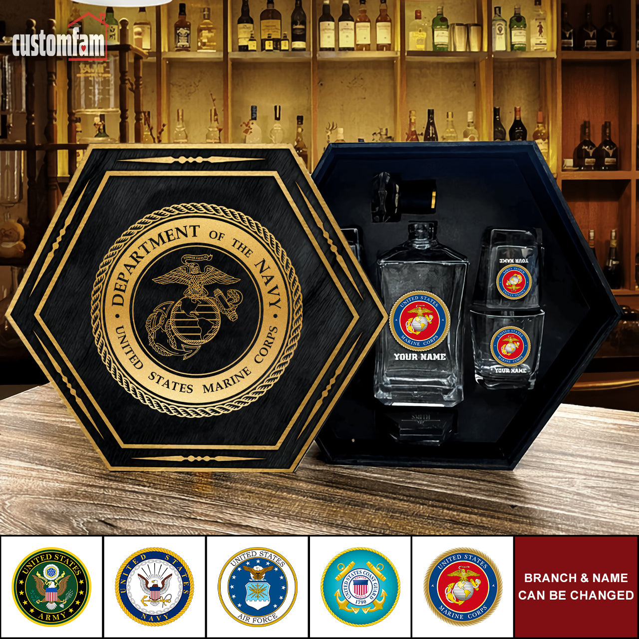 Personalized US Veteran Whiskey Decander Set, Custom Engraved Any Branch Gifts