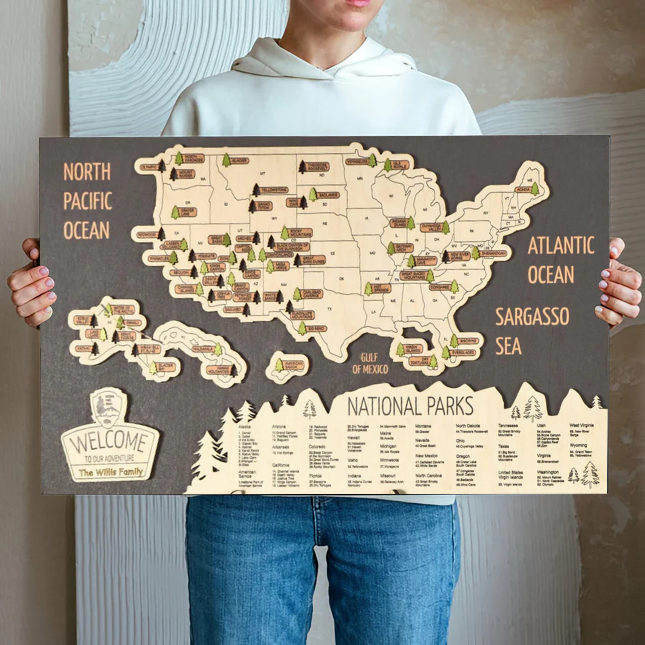 National Park Map In Usa, Personalized Wooden Travel Map, National Park Tracker, Gift For Travelers