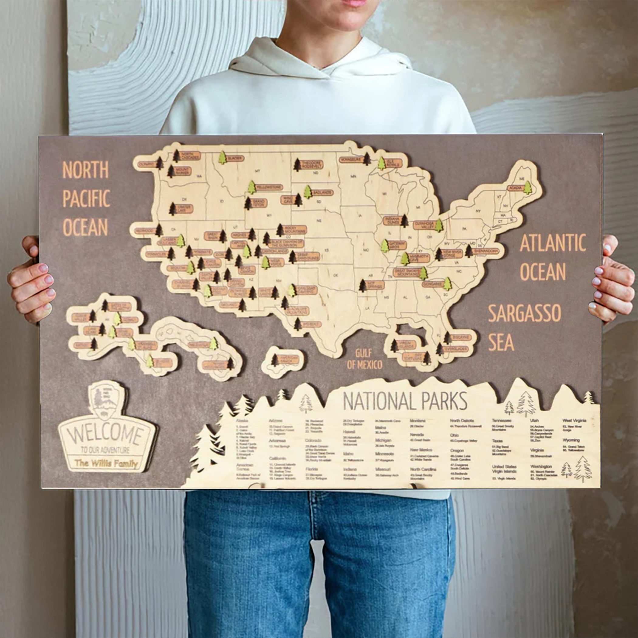 Custom Brown National Park Map In Usa, Wooden Travel Map, National Park Tracker