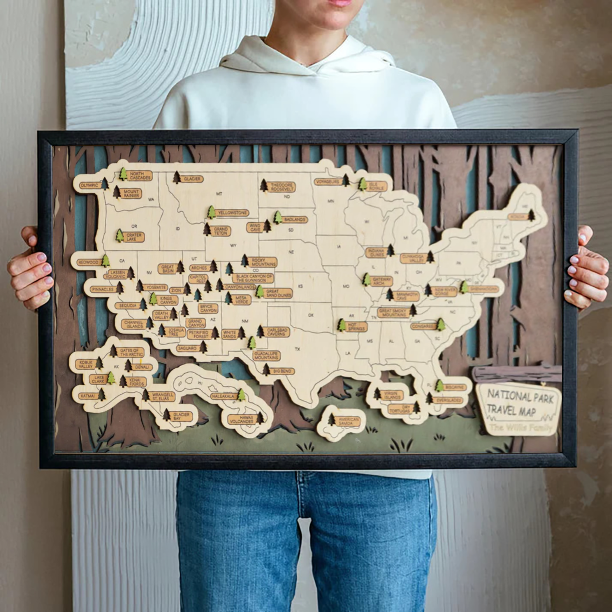 Custom National Park Map In Usa, Wooden Travel Map, National Park Tracker, Gift For Travelers