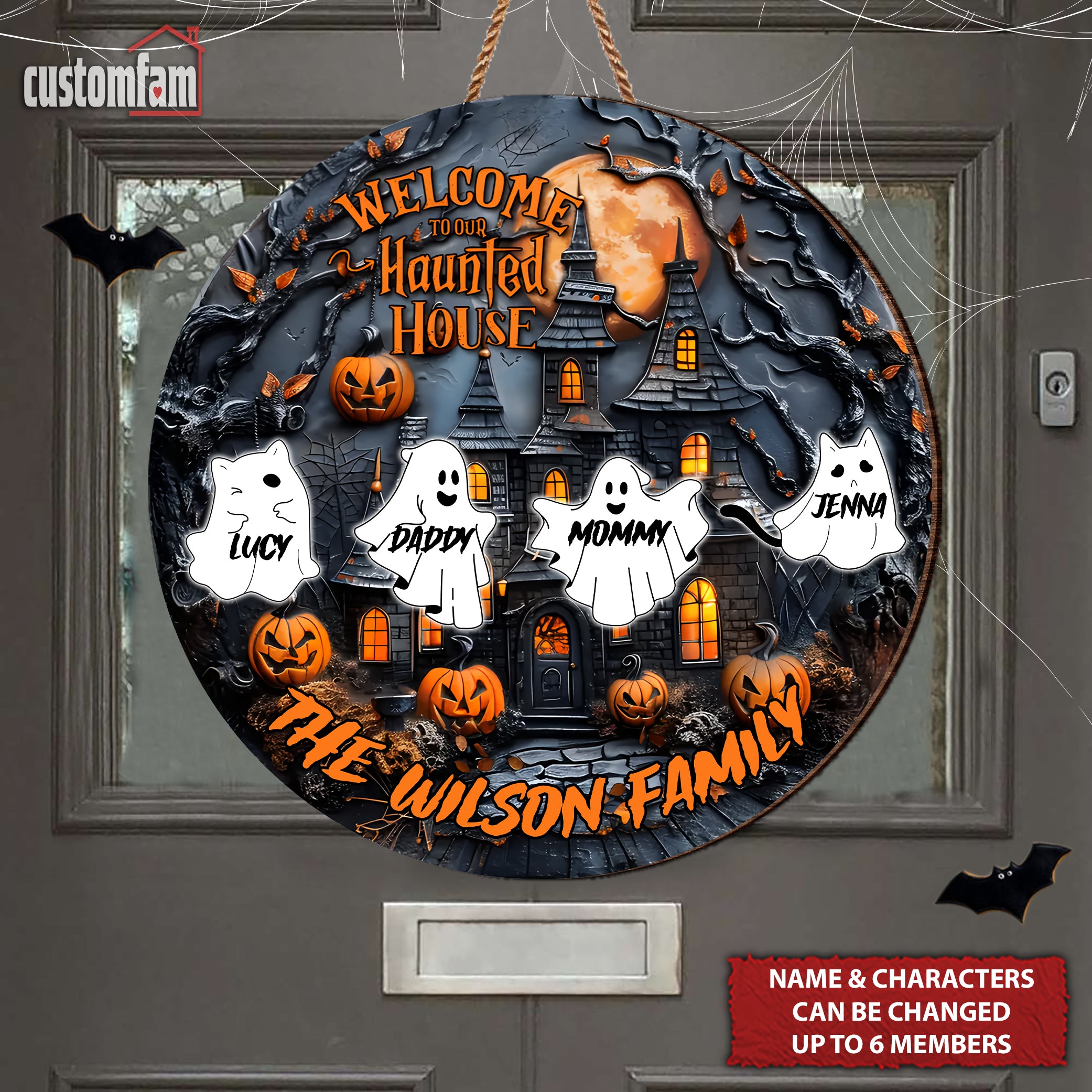 Welcome To Our Haunted House Personalized Family Halloween Wood Door Sign, Halloween Decor