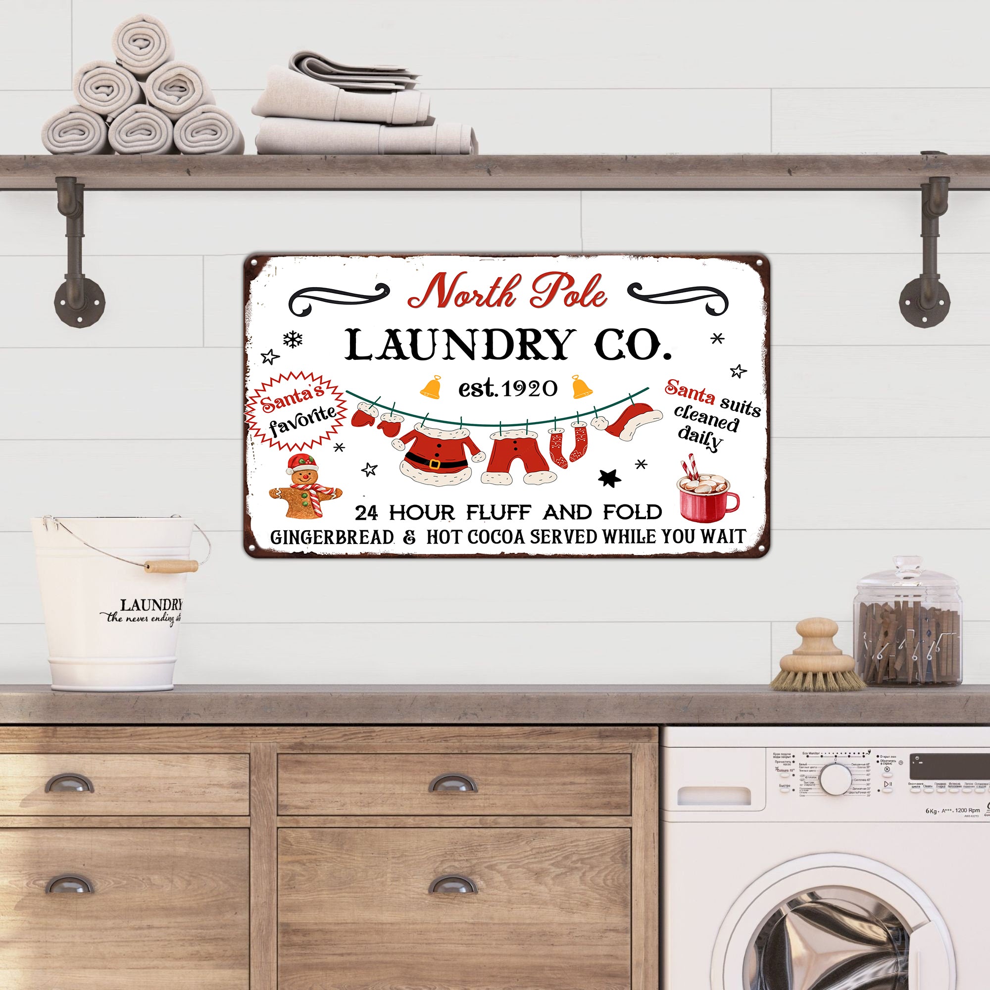 North Pole Laundry Co Christmas Metal Tin Sign, Laundry Room Decor