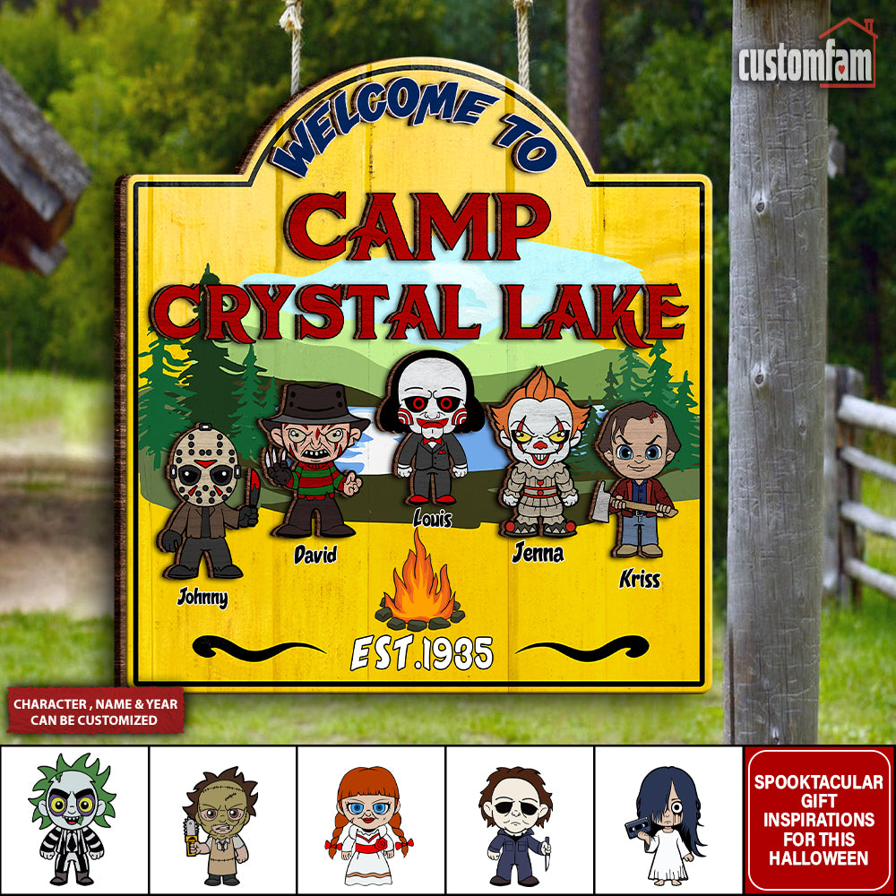 Welcome To Camp Crystal Lake Horror Camping Wooden Sign, Halloween Custom  Welcome Campsite Sign Decor