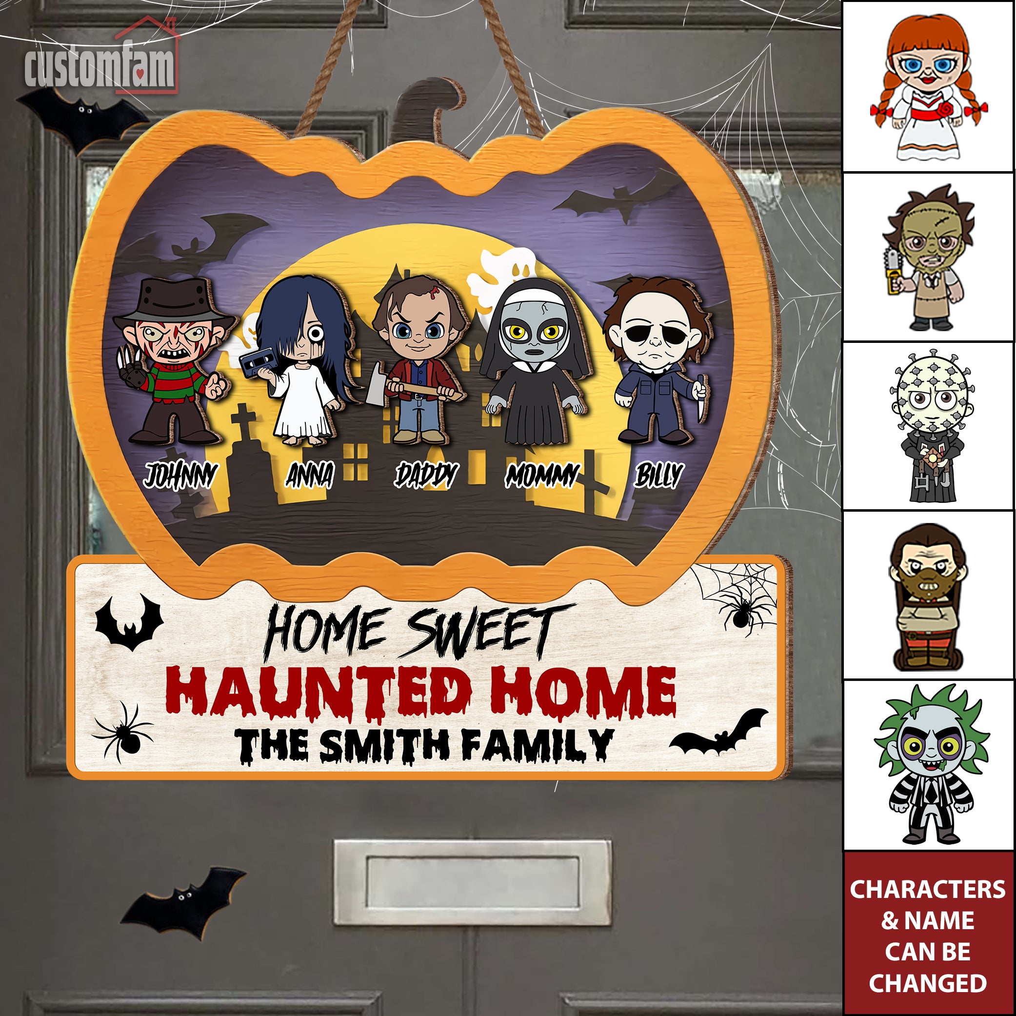 Home Sweet Haunted Home Custom 2 Layered Halloween Pumpkin Horror Wood Door Sign, Horror Fan Gifts