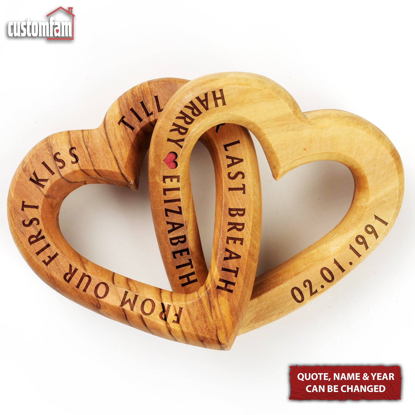 Custom Engraved Wood Connected Hearts, Wedding Anniversary Gift, Valentine Gift For Couple