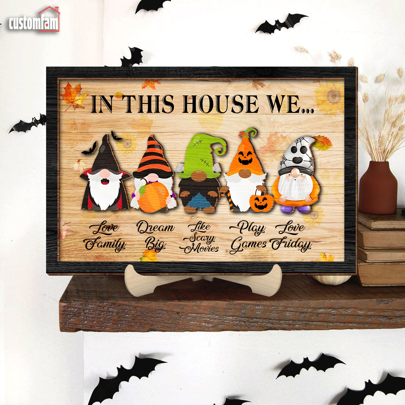 In This House We Horror Halloween Autumn Gnome Tin 2 Layered Frame Wooden Sign, Halloween Decor