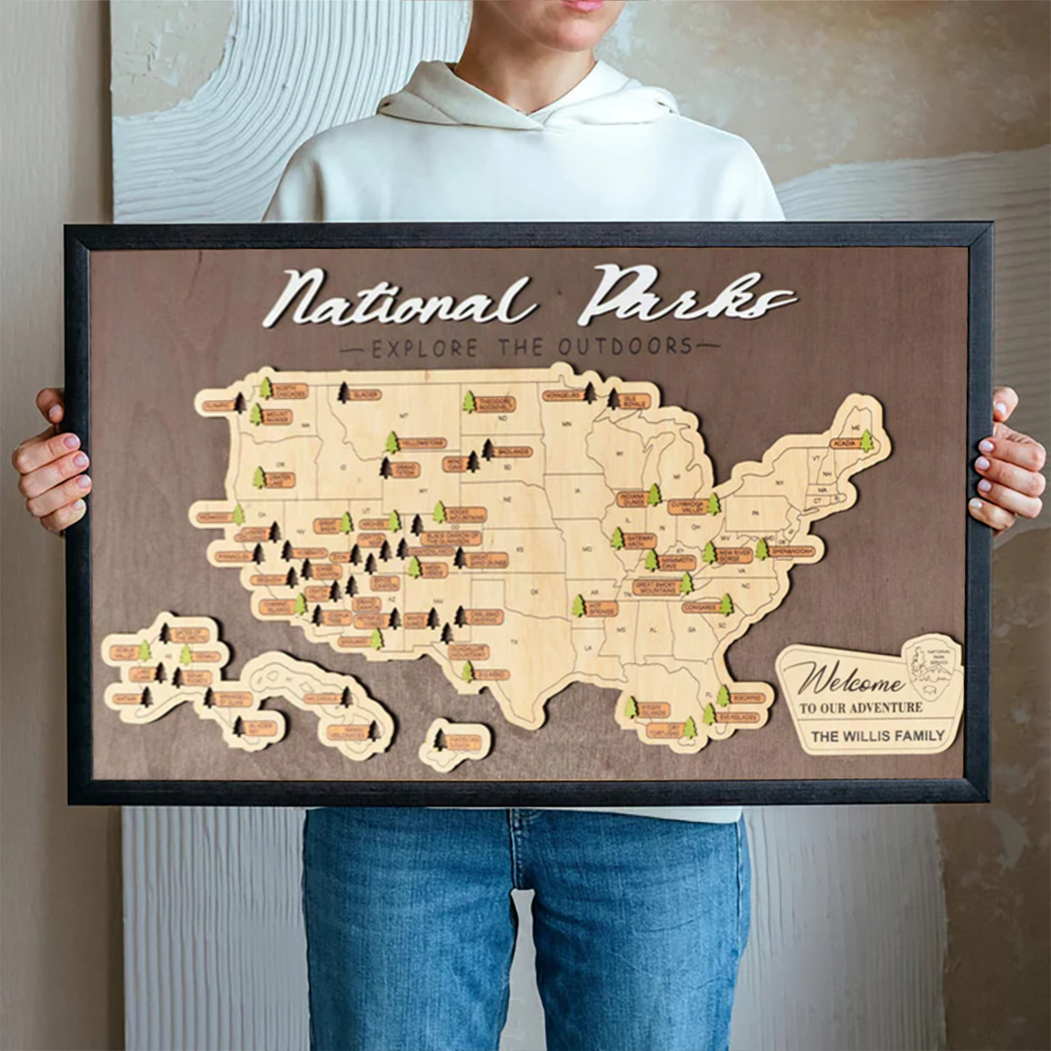 Personalized US Wooden National Parks Travel Map With Trees Record, Wooden Travel Map