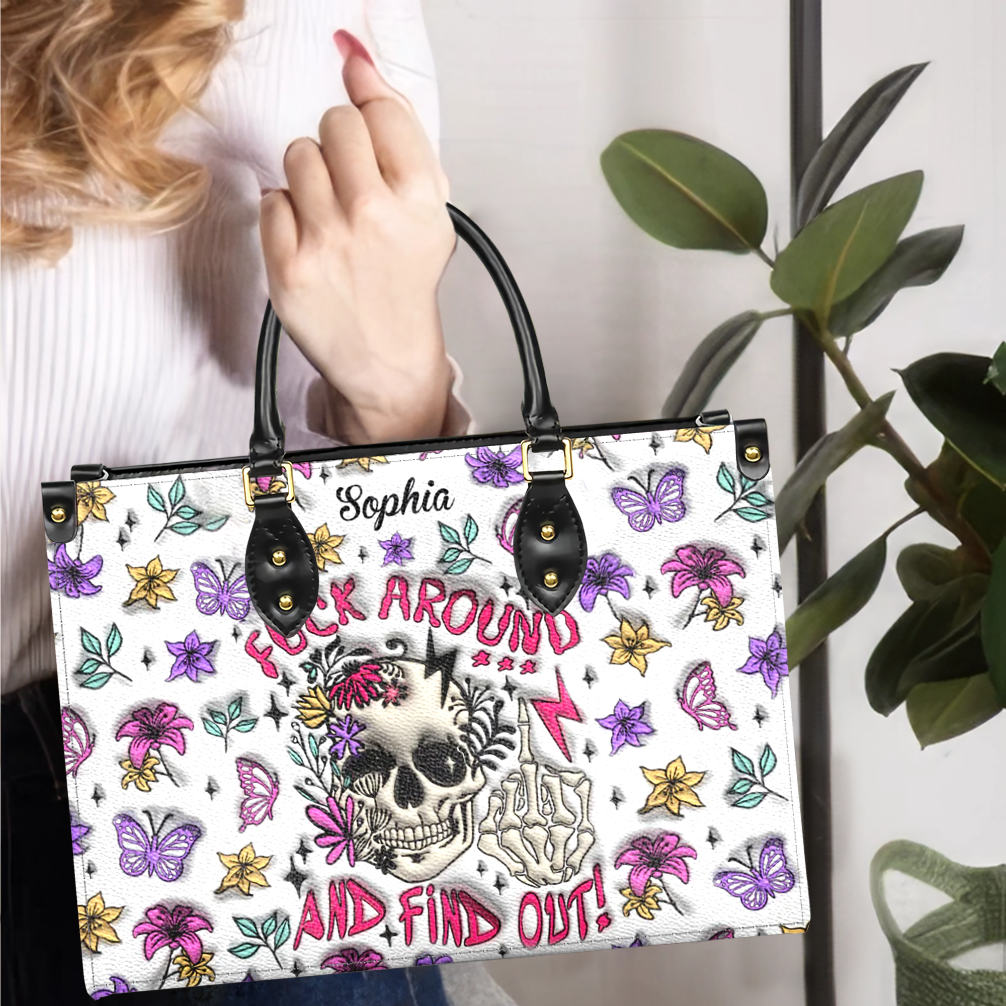 Fuck Around And Find Out Personalized Leather Handbag, Skull Leather Purse