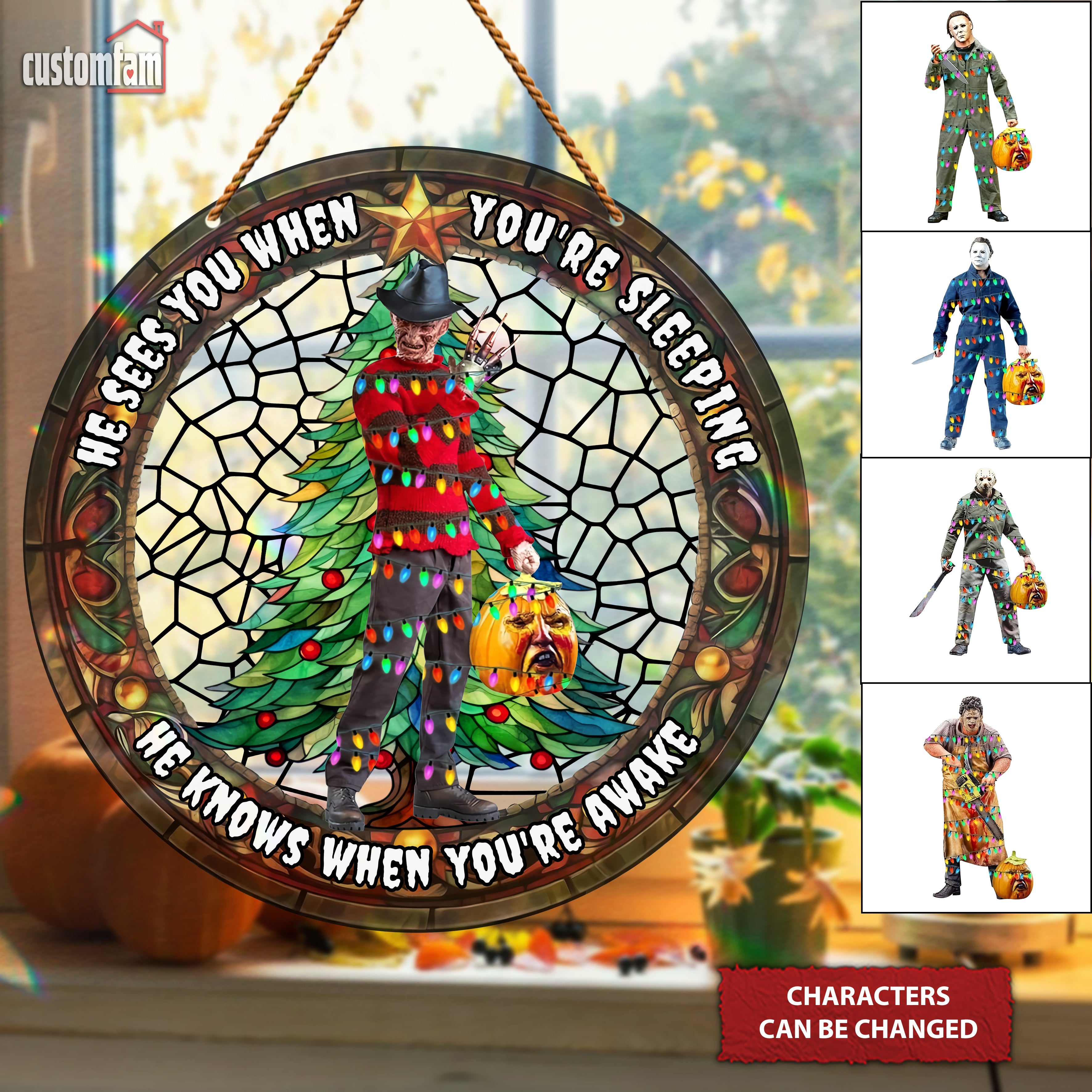 He Sees You When You're Sleeping Halloween Stained Glass Suncatcher, Horror Movie Gifts