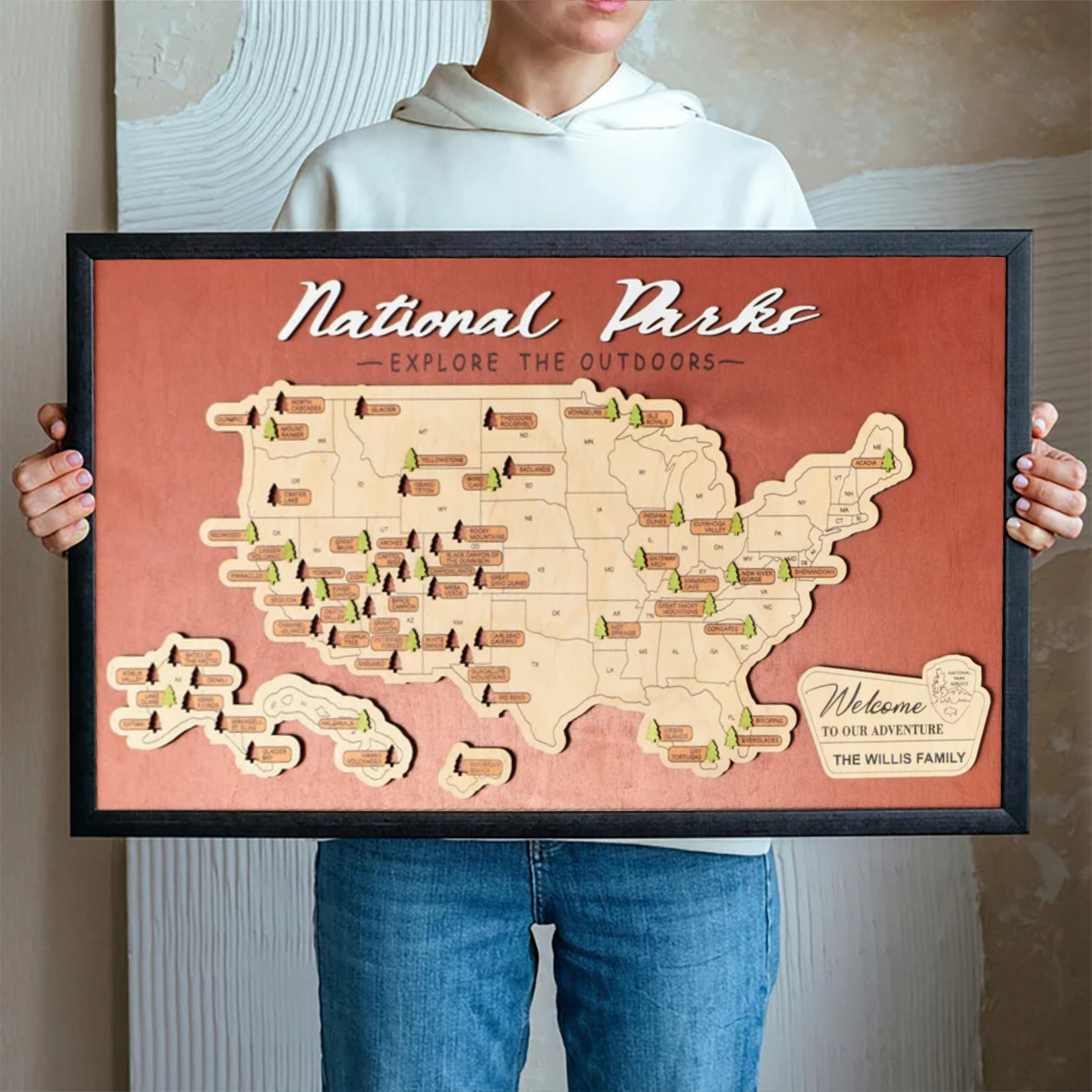 Custom National Park Map In Usa, Wooden Travel Map, Gift For Travelers