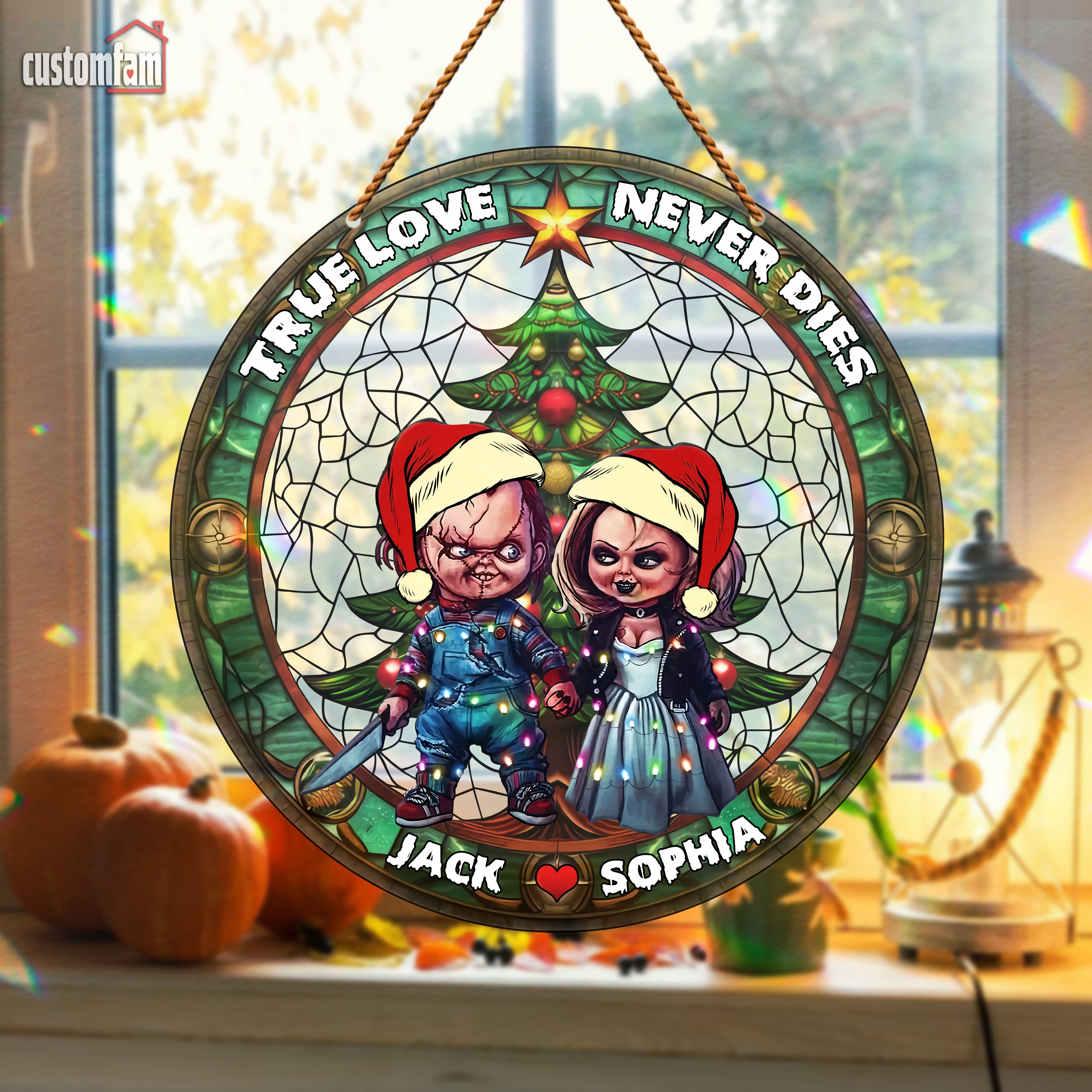 True Love Never Dies Christmas Stained Glass Suncatcher, Horror Movie Gifts