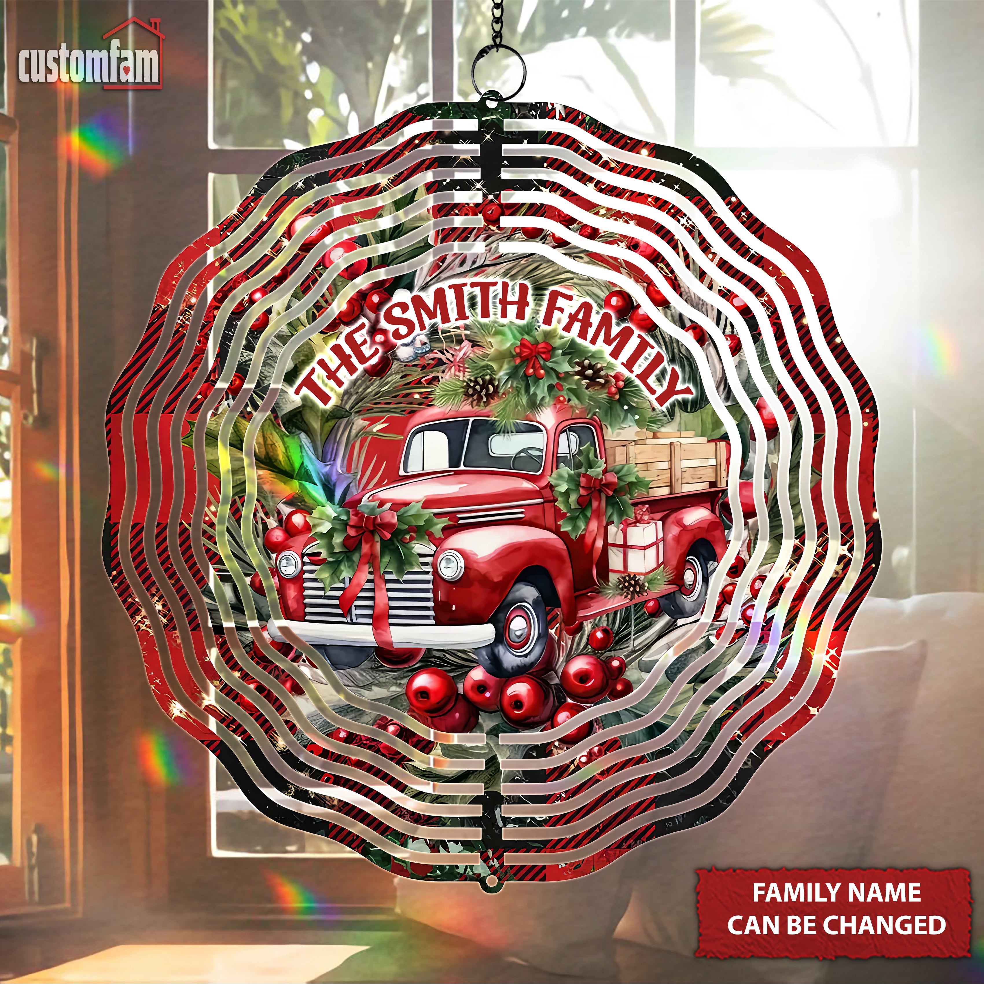 Red Truck With Christmas Tree Custom Double Sided Metal Wind Spinner, Family Gift