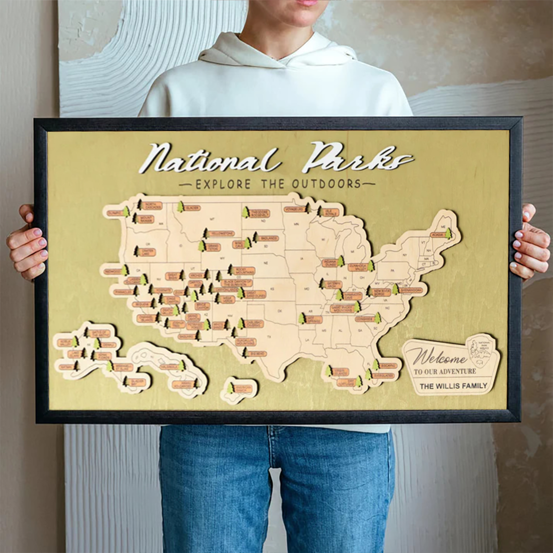 Personalized US Wooden National Parks Travel Map With Trees Record, Wooden Travel Map