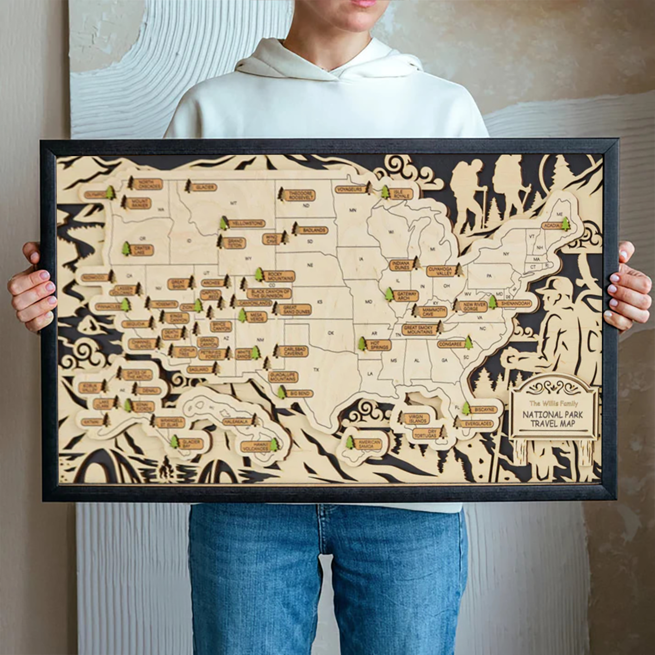 Custom National Park Map In Usa, Wooden Travel Map, Hiking Map, Gifts For Hiking Lovers