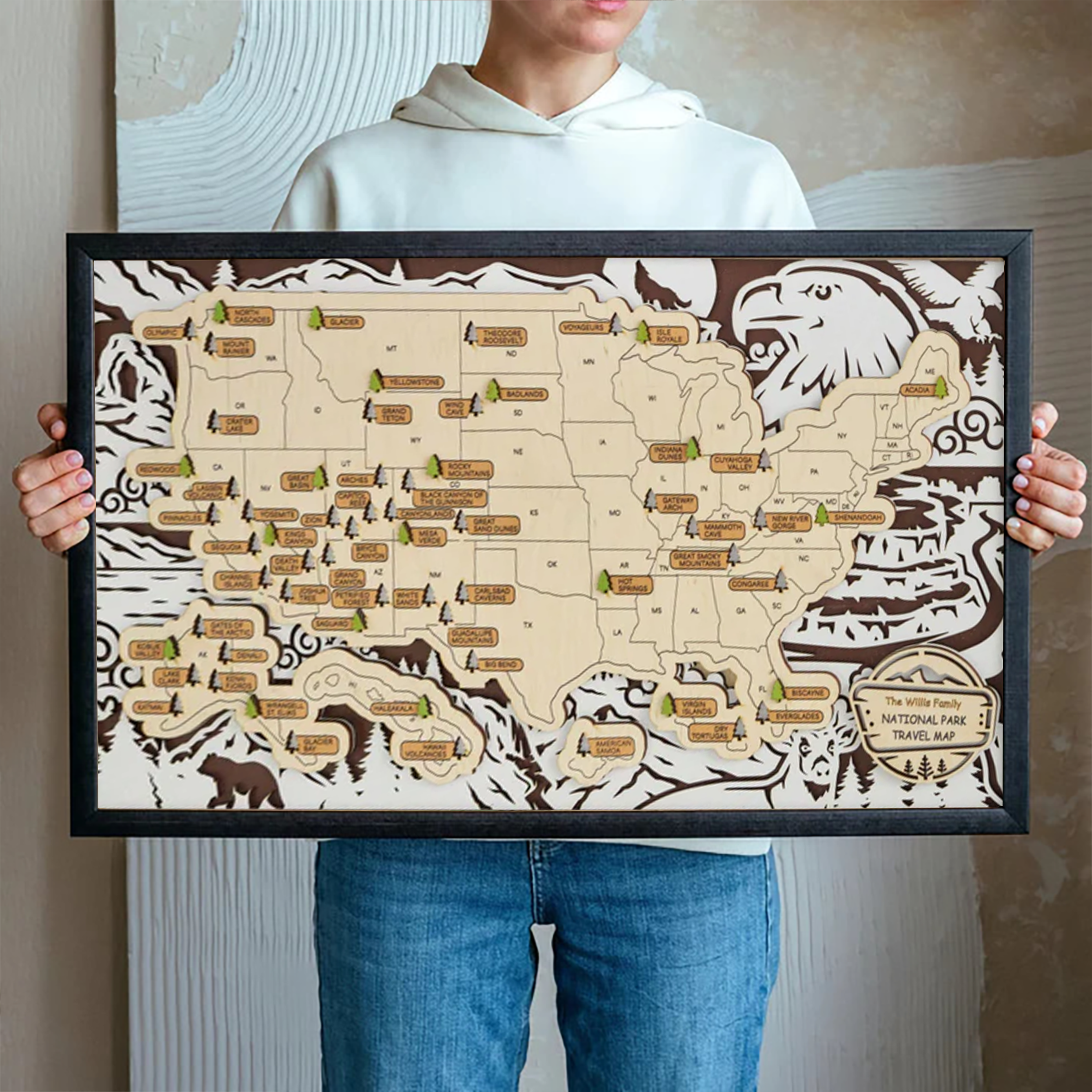 Personalized US 3D Wooden National Parks Travel Map With Trees To Record, Wooden Travel Map, National Park Tracker