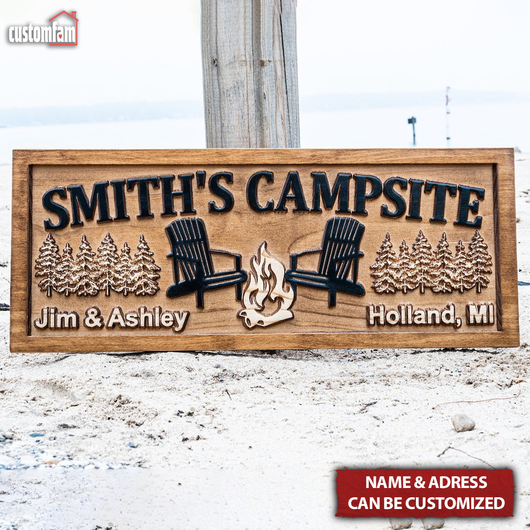 Personalized Wooden Campfire Sign, Family Name Campsite Sign, Camping Gifts