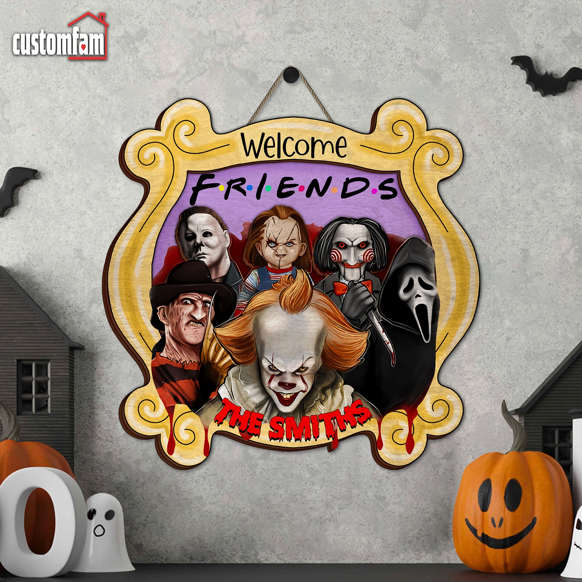 Welcome Friends Personalized Horror Movie 2 Layered Door Sign, Horror Movie Fan Gift, Halloween Decor