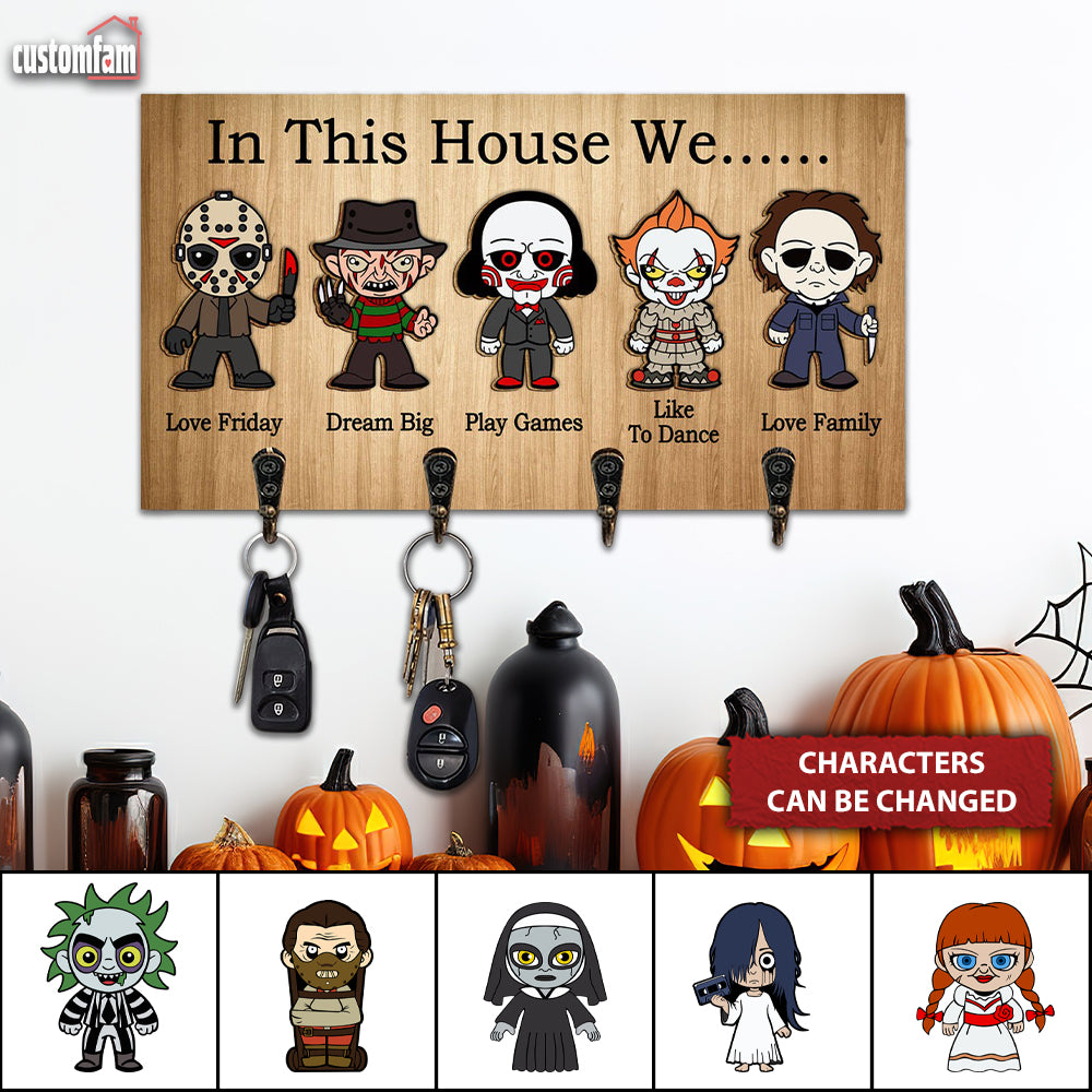 In This House We Horror Personalized Wood Key Hanger, Scary Movies Fan Gifts, Halloween Decor