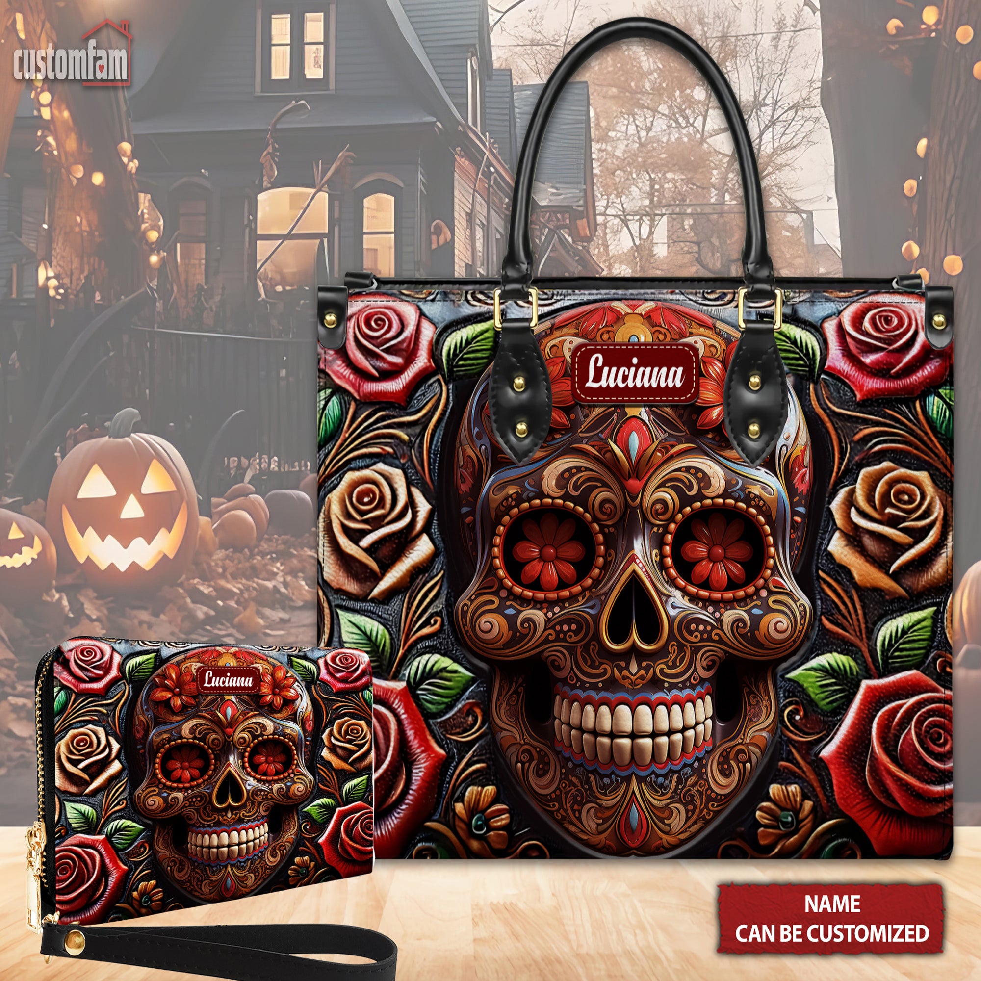 Roses And Skull Personalized Leather Handbag, Skull Purse, Halloween Gift