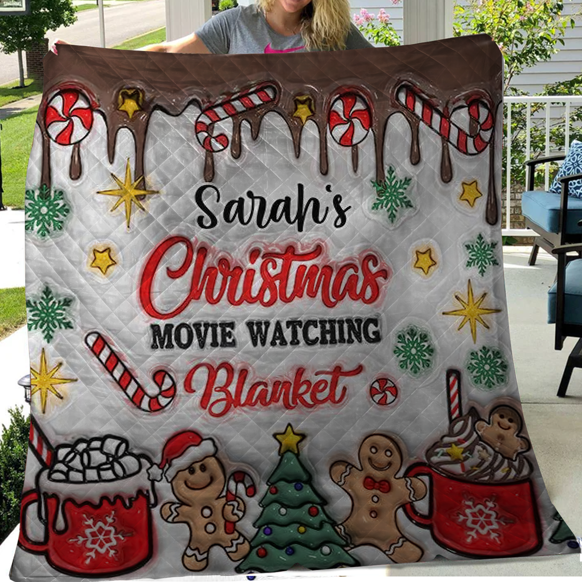 Personalized Christmas Movie Watching Blanket, Gingerbread Pine Tree Blanket, Christmas Gifts