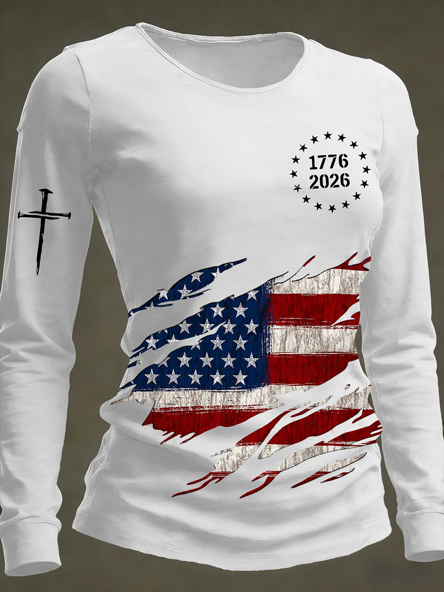 America 250 Patriotic Shirt Women's American long-sleeve T-shirt 4th Of July Shirt