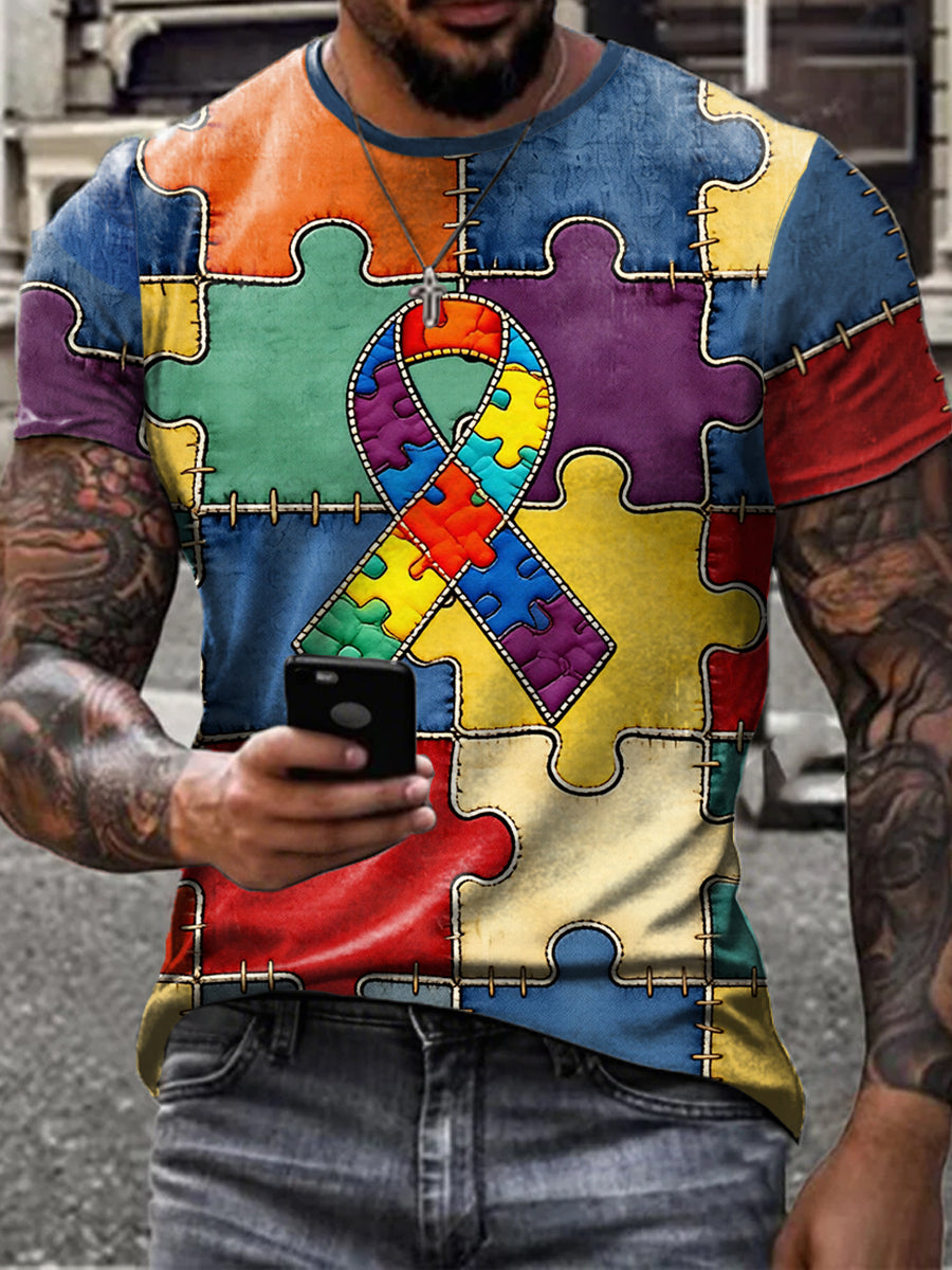 Men's Autism Awareness Print Short Sleeves t-shirt, Autism Awareness Shirt, Autistic Gifts For Adults