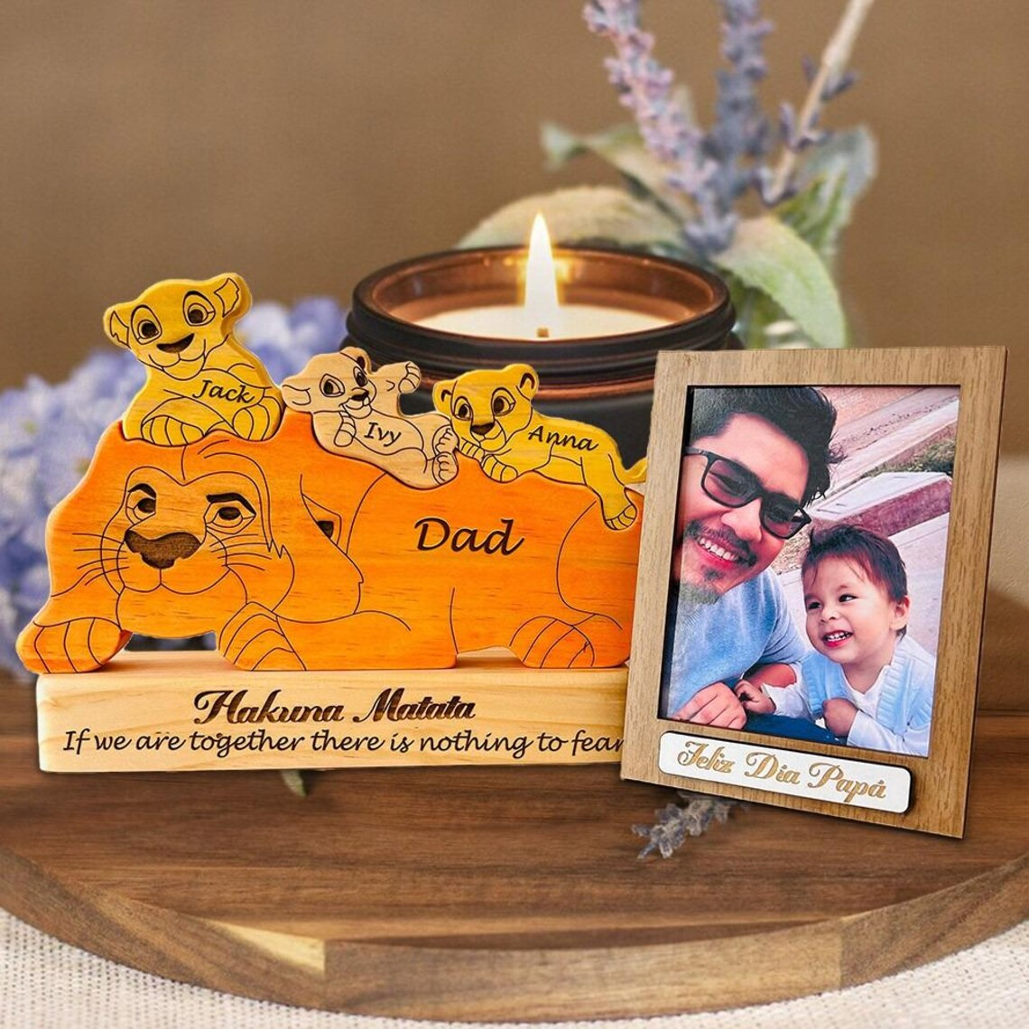 Personalized Wooden Lion Family Puzzle Sign Gift Dad from Family Idea for Father's Day