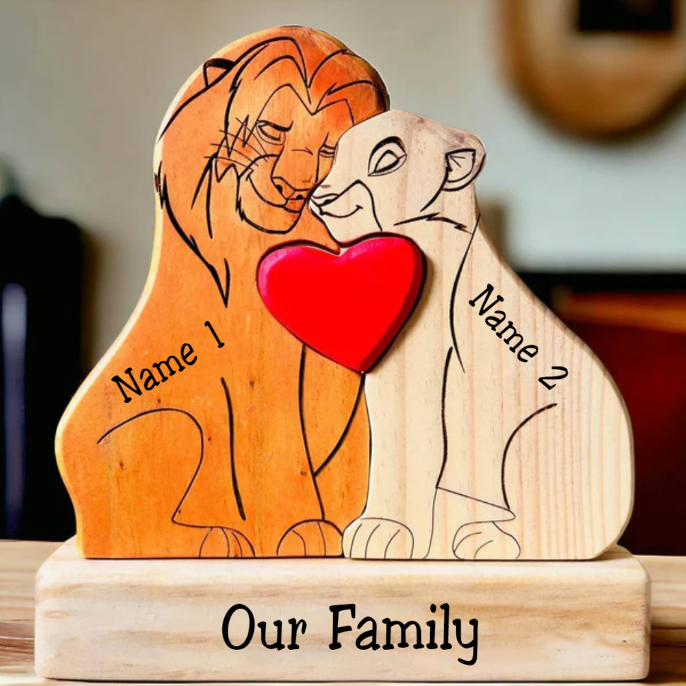 Family Lions 2 Members Custom Engraved Wooden Puzzle, Family Gifts