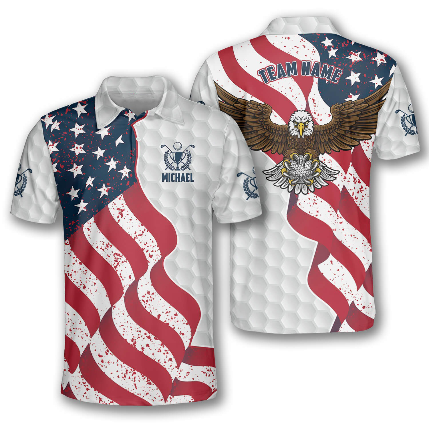 Patriotic Eagle Waving Flag Trophy Emblem Custom Golf Polo Shirts for Men, Long Sleeve Golf Shirts, Golf Lovers Gift