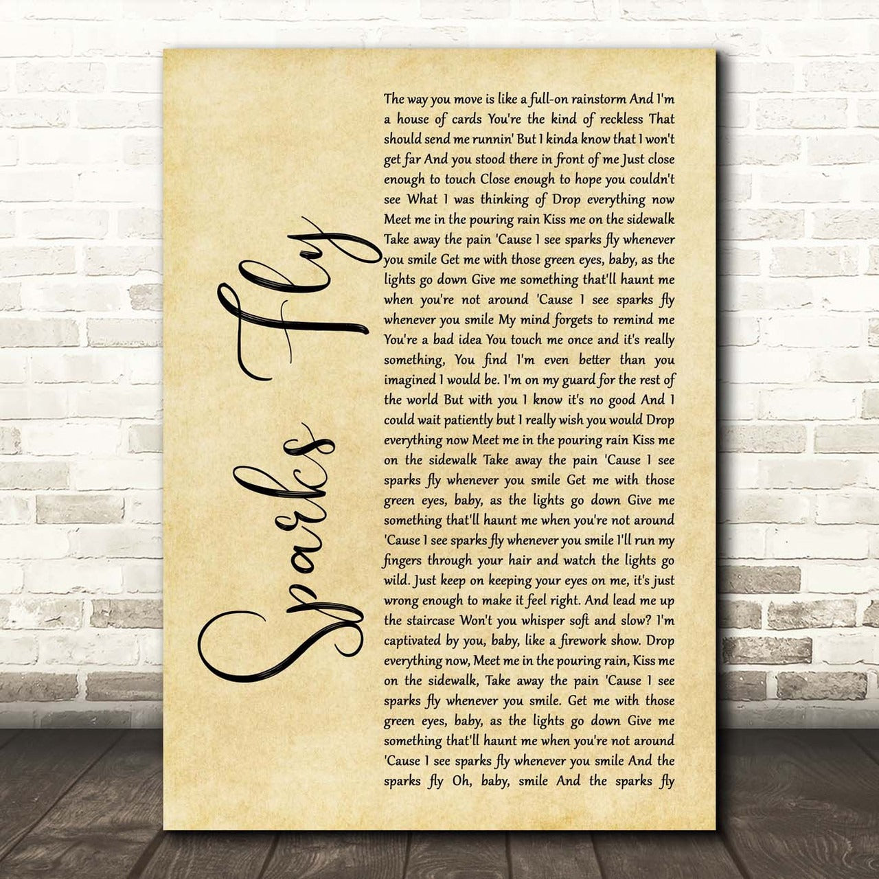 Sparks Fly Canvas Wall Art With Song Lyrics, Rustic Script Song Lyric Music Canvas, Gift For Swifties