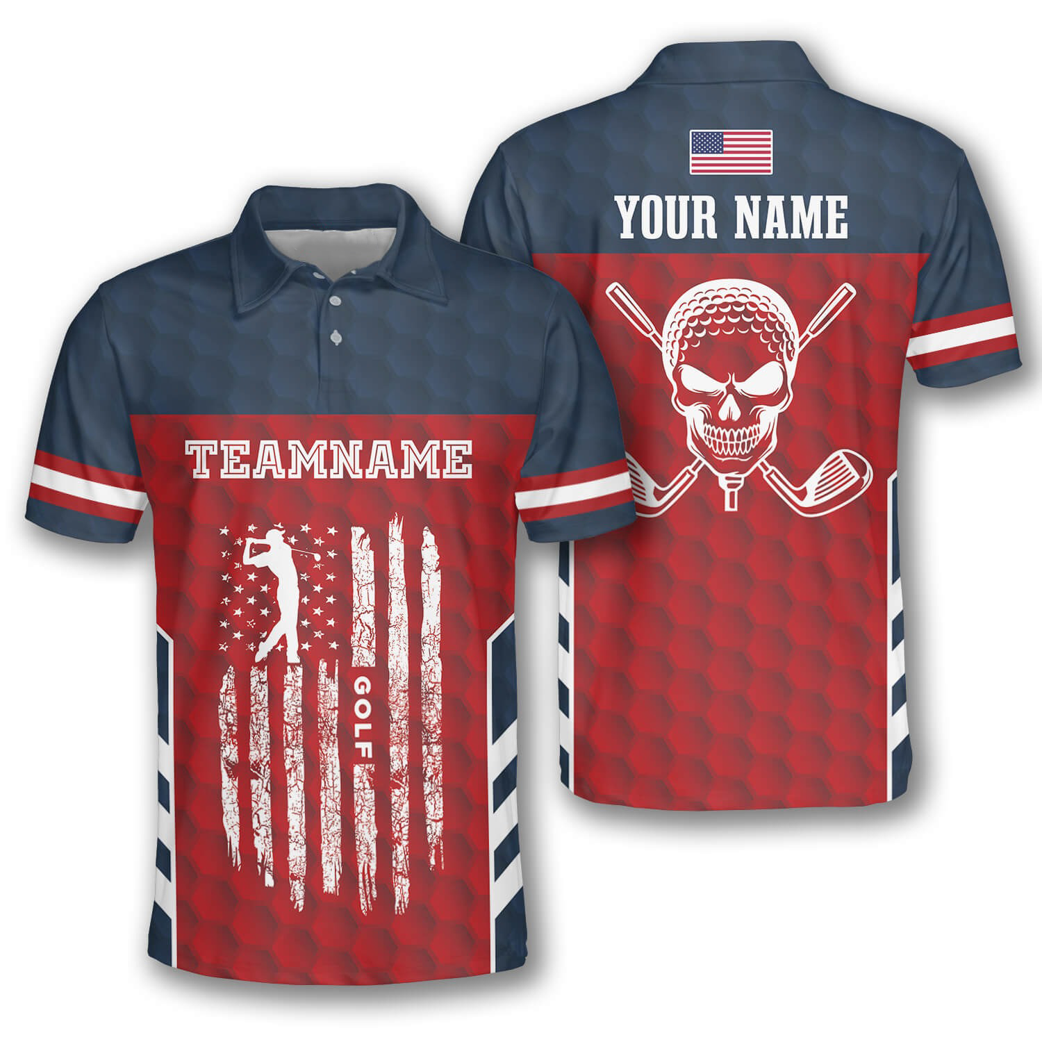 Patriotic Skull Flag Red Blue Golf Polo Shirts for Men, Long Sleeve Golf Shirts, Golf Lovers Gift
