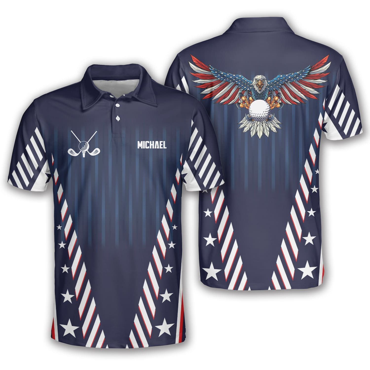 Patriotic US Flag Custom Golf Polo Shirts For Men, Long Sleeve Golf Shirts, Golf Lovers Gift