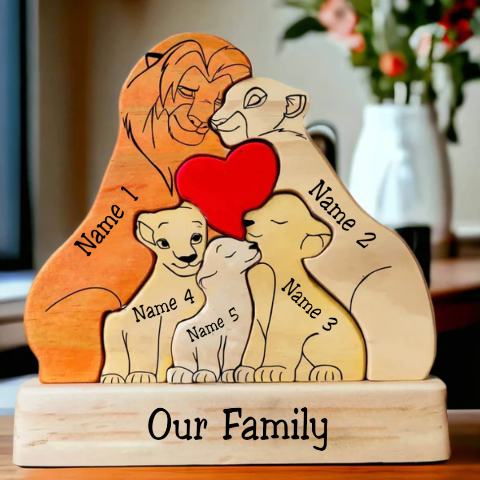 Family Lions 5 Members Custom Engraved Wooden Puzzle, Family Gifts