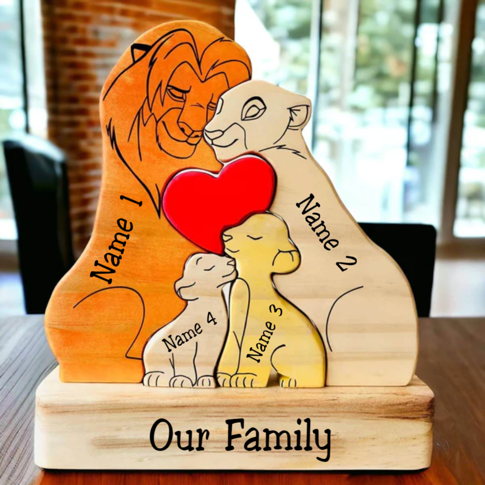 Family Lions 4 Members Custom Engraved Wooden Puzzle, Family Gifts