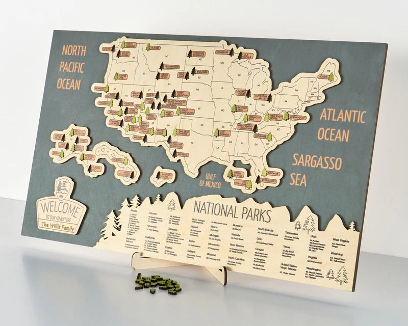 Personalized Sea Breeze US Wooden National Parks Travel Map With Trees Record, Wooden Travel Map, National Park Tracker