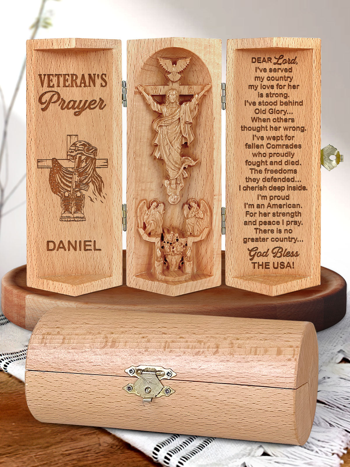 Veteran's Prayer, Personalized Openable Wooden Cylinder Sculpture of Jesus Christ, Christ Decor