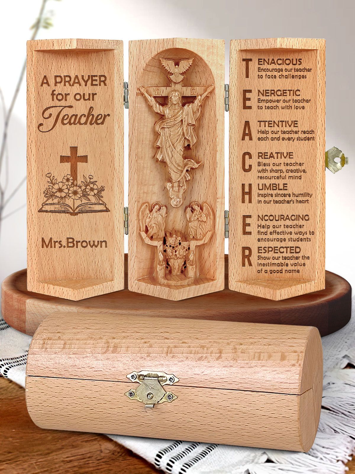 A Prayer For Our Teacher Personalized Openable Wooden Cylinder Sculpture of Jesus Christ, Christ Decor